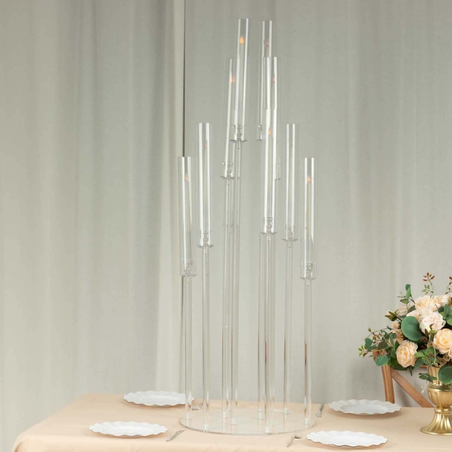 10-Arm Round Cluster Acrylic Candelabra Clear with Circular Base - Stylish Taper Candle Holder Table Centerpiece for Pillar Candles 47"