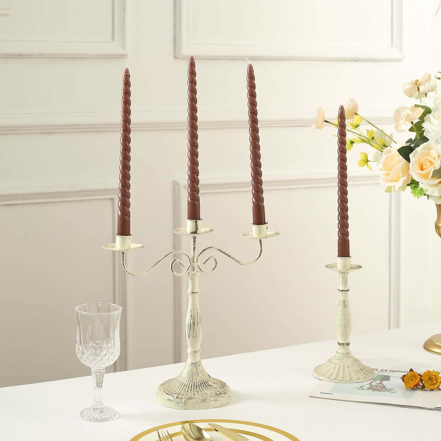 12-Pack Taper Candles Spiral Long Burn Wick Design Mocha Brown - Premium Unscented Wax Dinner Candle Sticks 11"