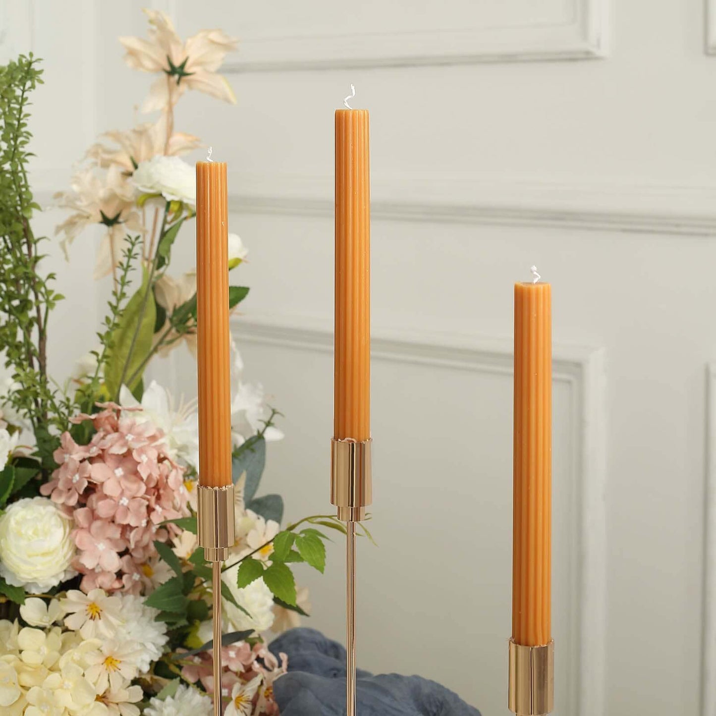 5-Pack Taper Candles Ribbed Wick Ribbon Wax Design Gold - Premium Unscented Dinner Candles 9"