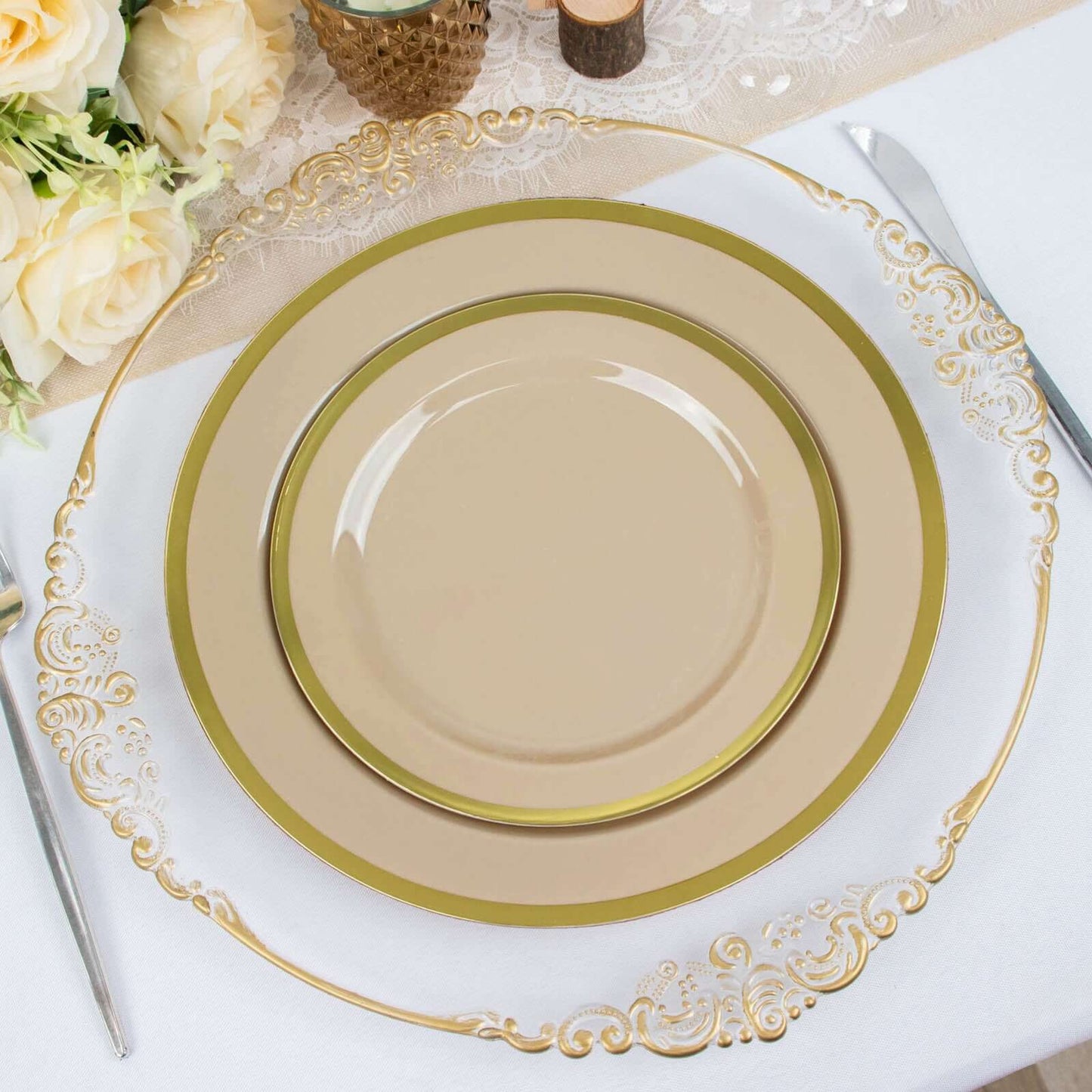 10-Pack Plastic 7" Round Appetizer Plates in Taupe with Gold Rim - Sleek Disposable Salad Plates for Banquets & Special Occasions