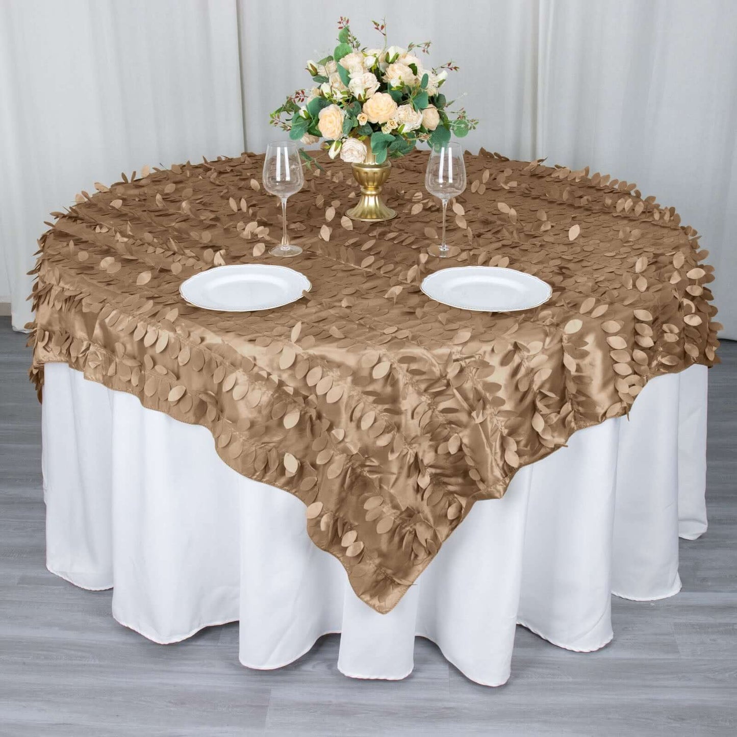 Taffeta 72"x72" Table Overlay Square Tablecloth Taupe - 3D Leaf Petal Table Cover