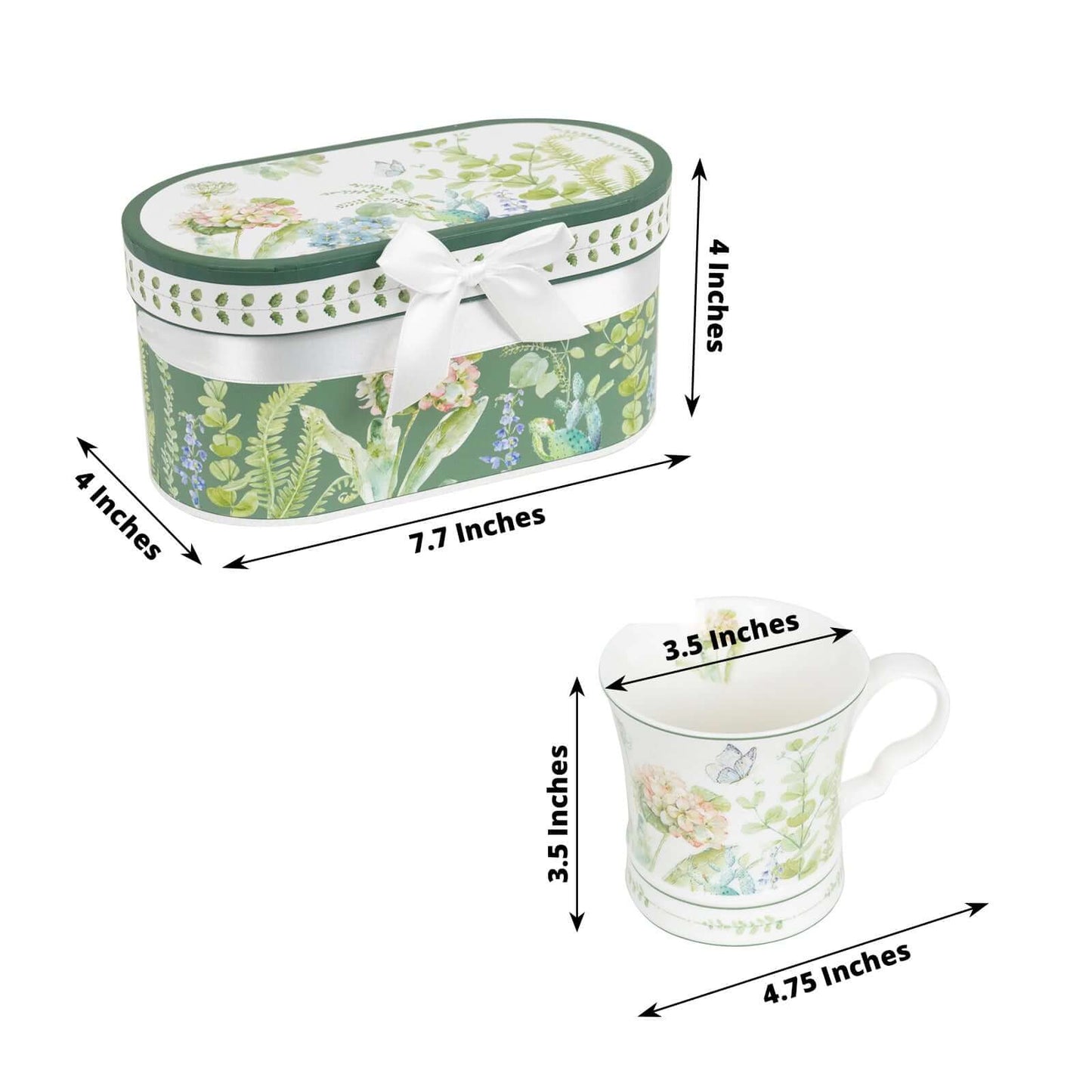 Greenery Theme Bridal Shower Gift Set, 2 Pack Porcelain Tea Cups With Matching Keepsake Gift Box and Satin Ribbon Handle