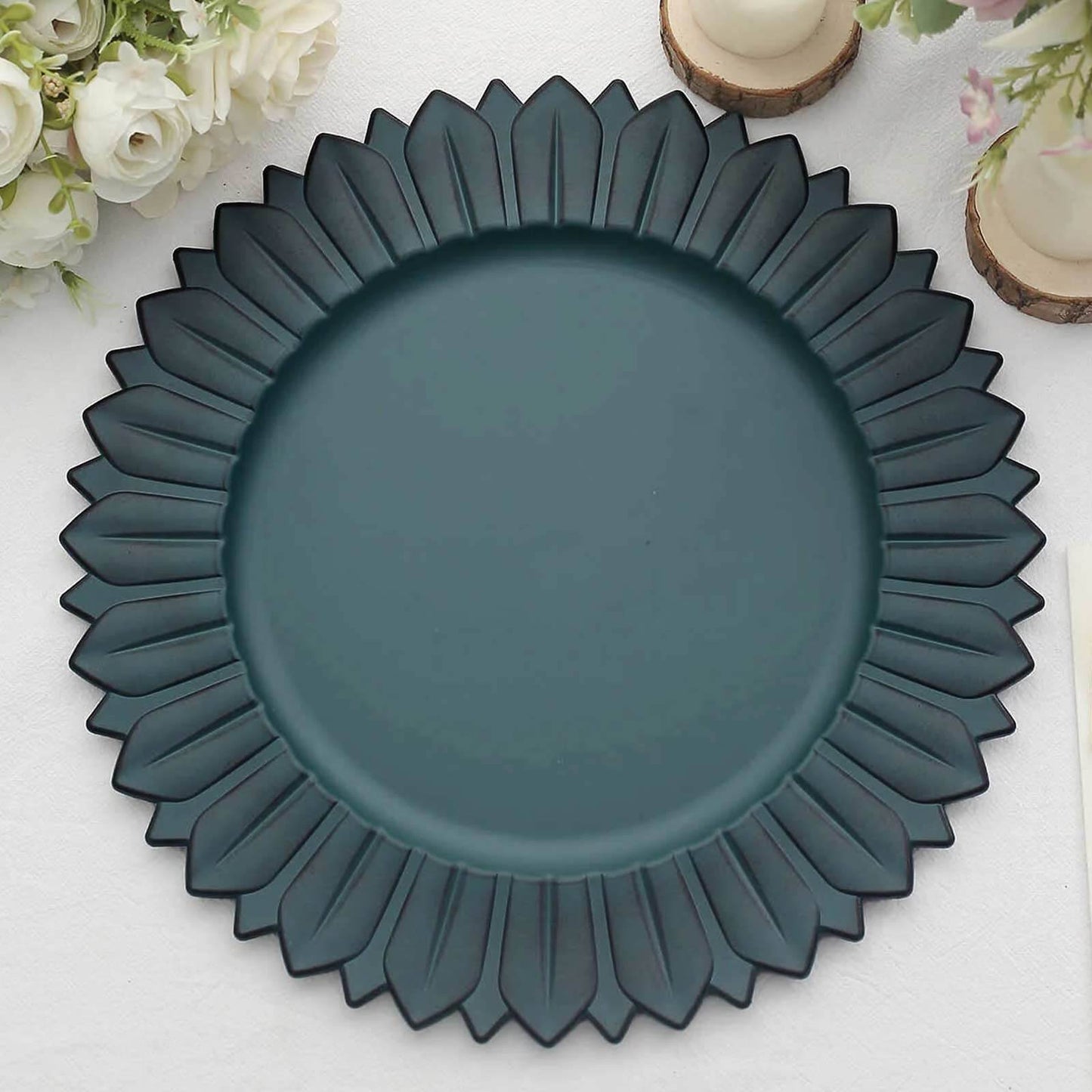 6-Pack Plastic Round Charger Plates 13" in Teal with Sunflower Rim, Matte Finish Disposable Dinner Charger Tableware