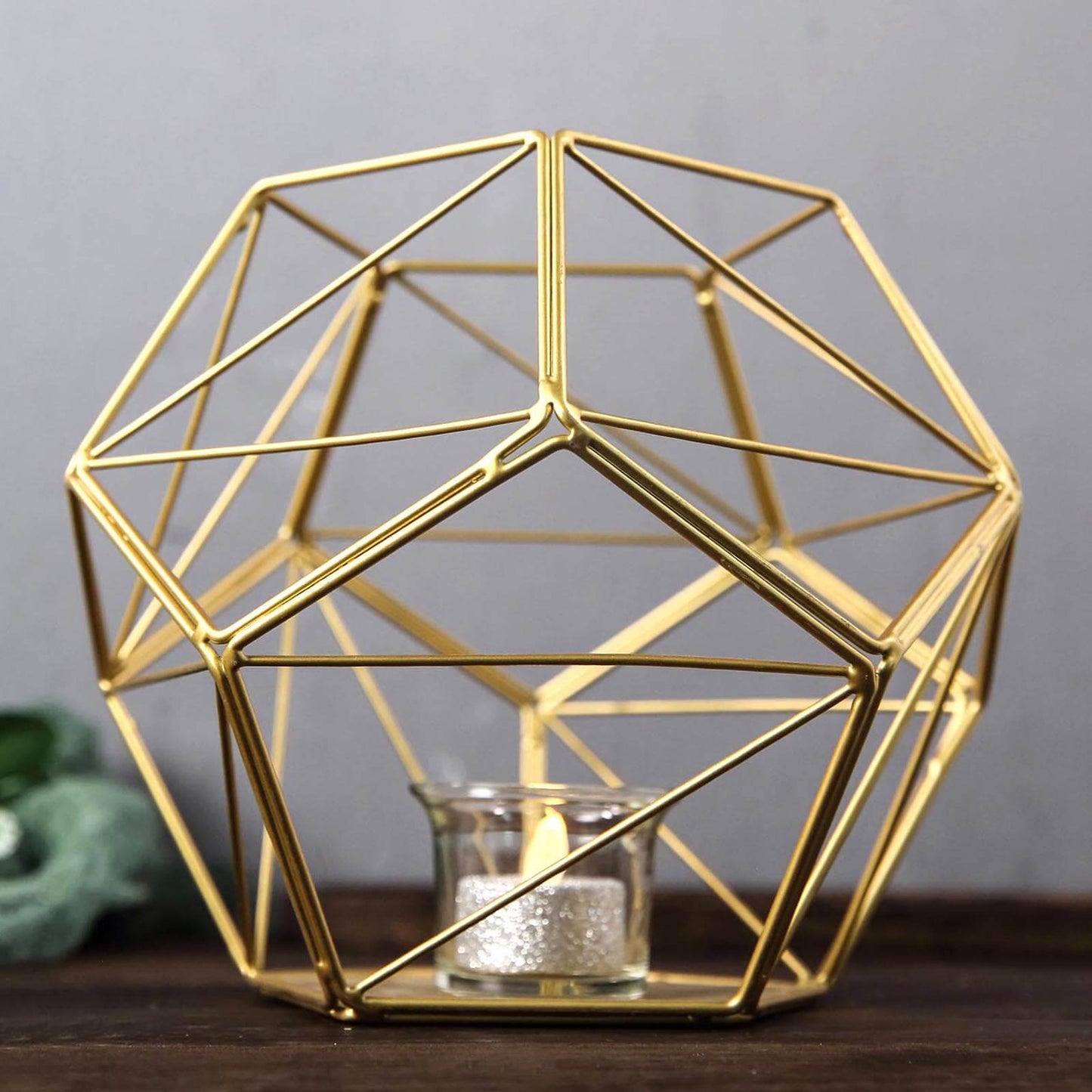 Tealight Candle Holder Gold Metal Pentagon Prism Geometric Open Frame - Flower Stand 7"