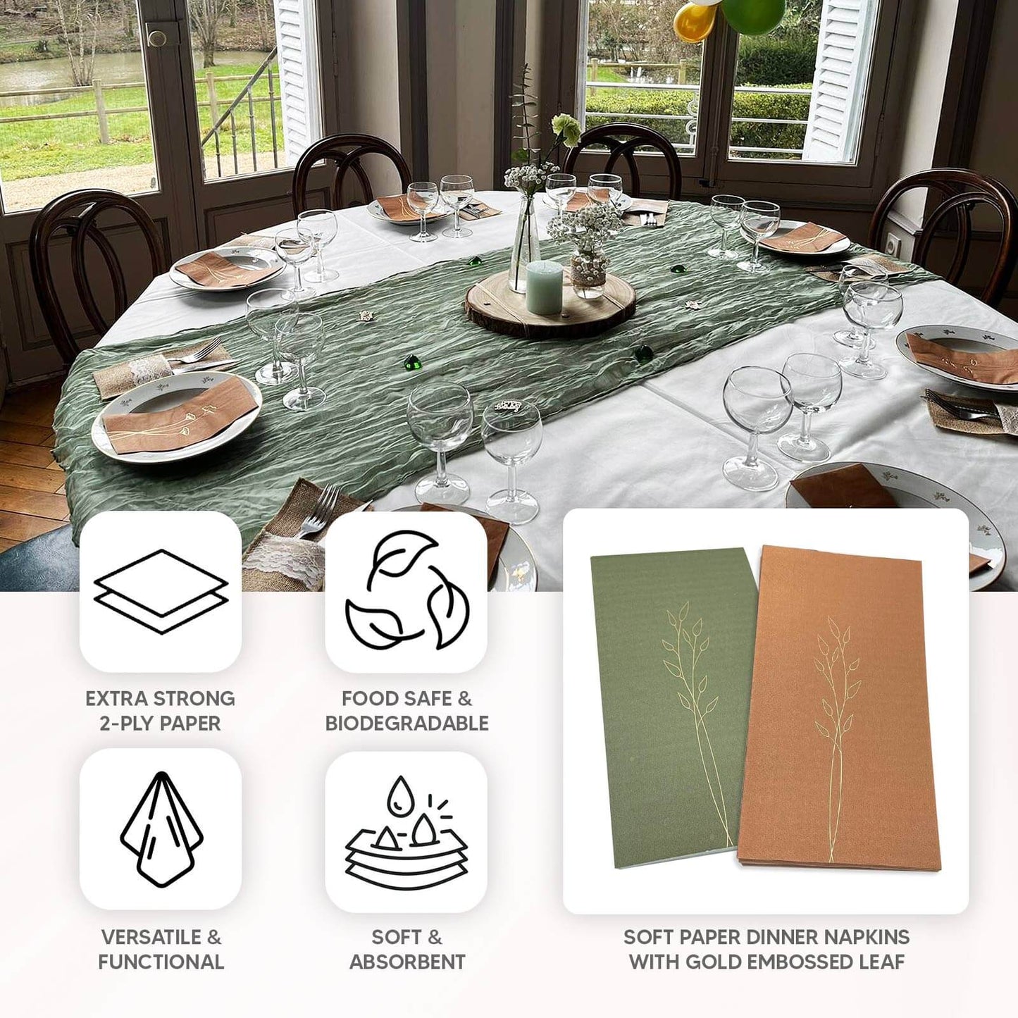 50-Pack Paper Dinner Napkins Terracotta (Rust) with Gold Embossed Leaf - Stylish 2-Ply Disposable Napkins for Weddings 18GSM
