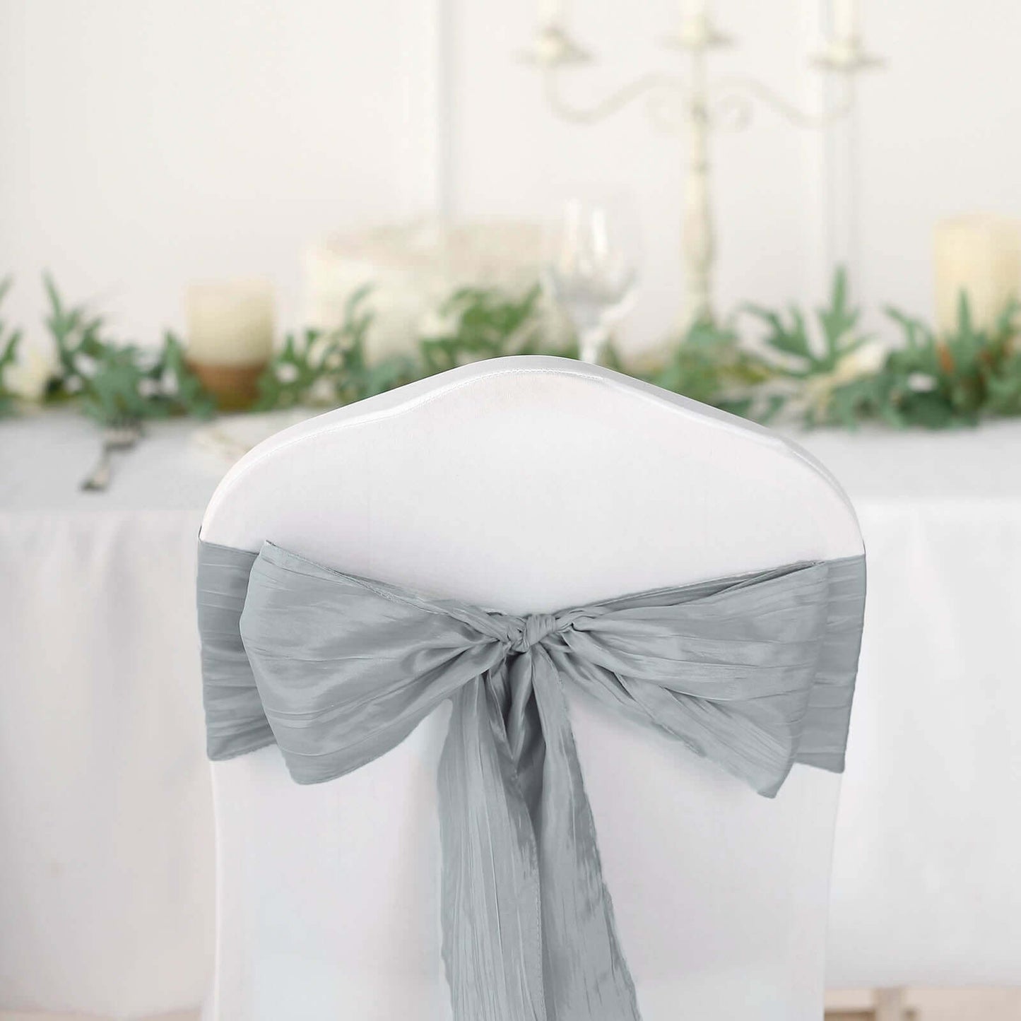 5 Pack Taffeta 6"x106" Chair Sashes Silver Accordion Crinkle Texture - Stylish Decor for Weddings & Gatherings