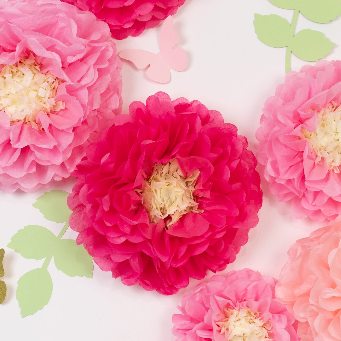 Set of 21 Tissue Paper Flowers Pom Poms Decor Kit â€“ Blush Pink 3D Chrysanth Floral Wall Decor with Butterflies & Olive Leaves - 8",10",12"
