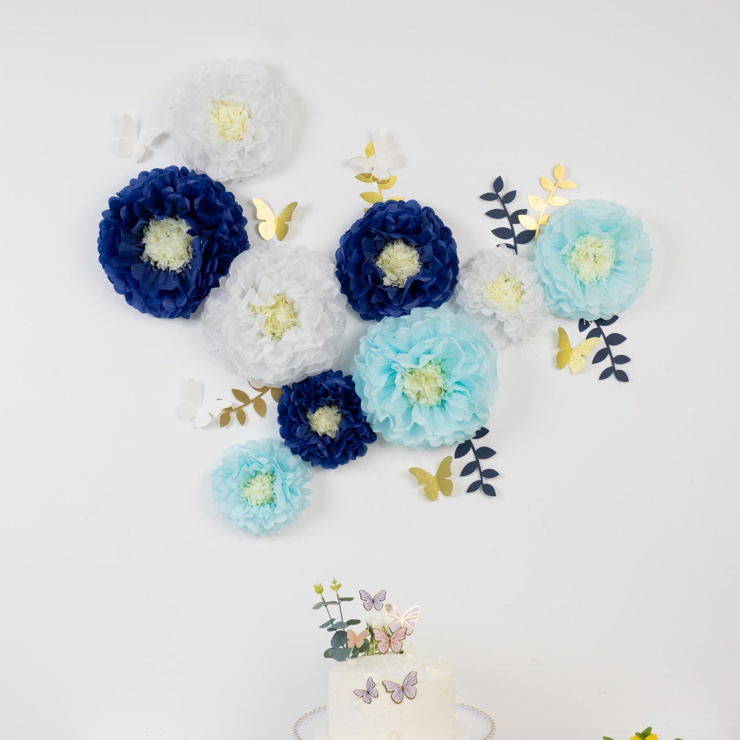 Set of 21 Tissue Paper Flowers Pom Poms Decor Kit â€“ White Blue 3D Chrysanth Floral Wall Decor with Butterflies & Olive Leaves - 8",10",12"