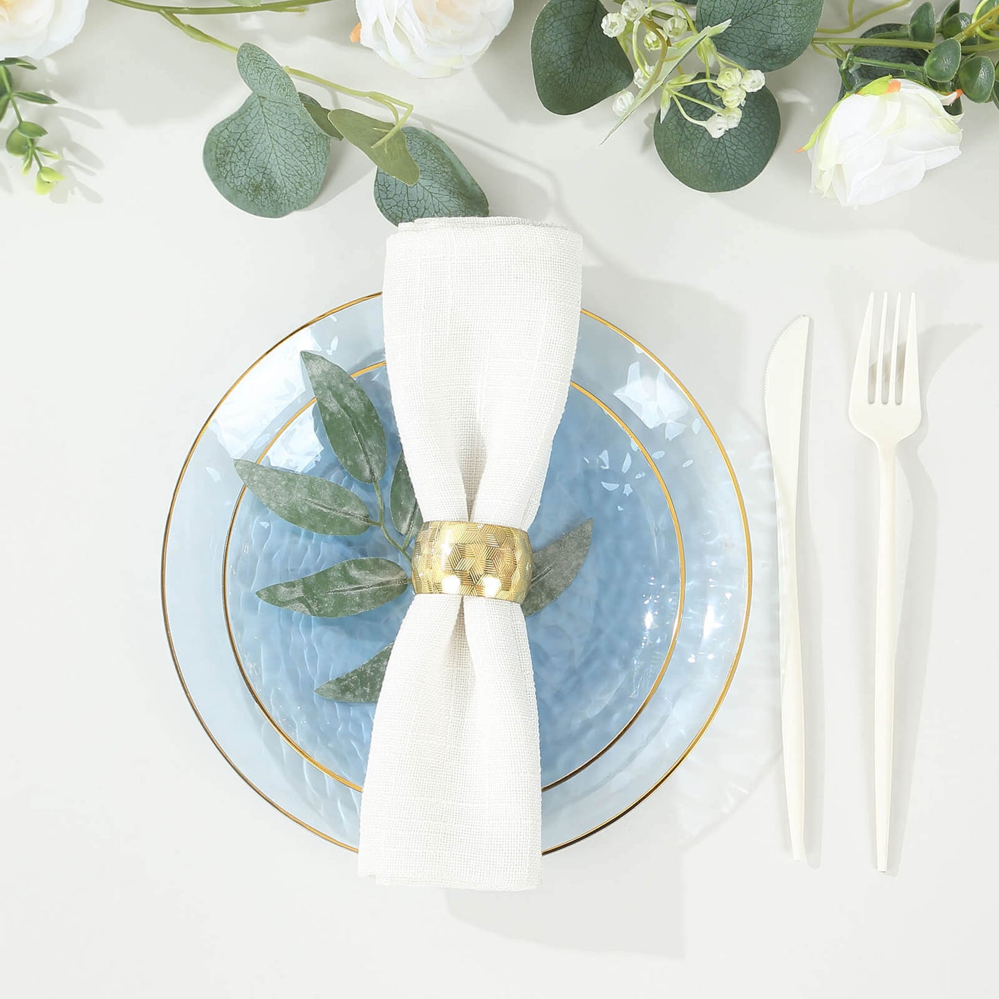 10-Pack Plastic 7" Round Dessert Appetizer Plates in Transparent Dusty Blue Hammered Design with Gold Rim - Modern Disposable Salad Plates