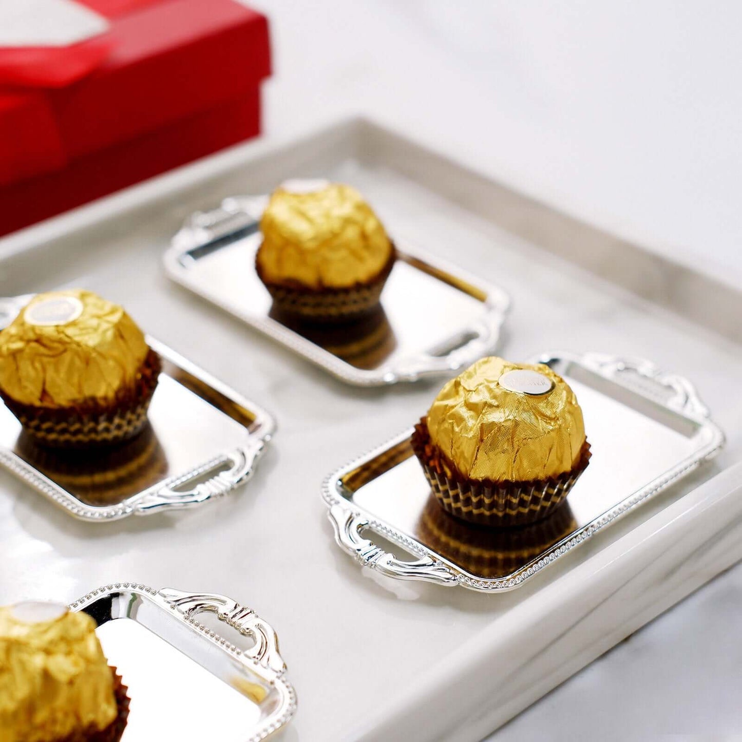 12-Pack Display Trays Party Favor Rectangular Design Silver - Mini Serving Platters for Candy and Desserts 4"