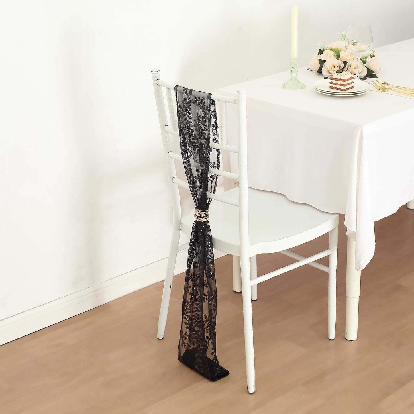 5 Pack Tulle Chair Sashes with Leaf Vine Embroidered Sequins Black 6"x88"