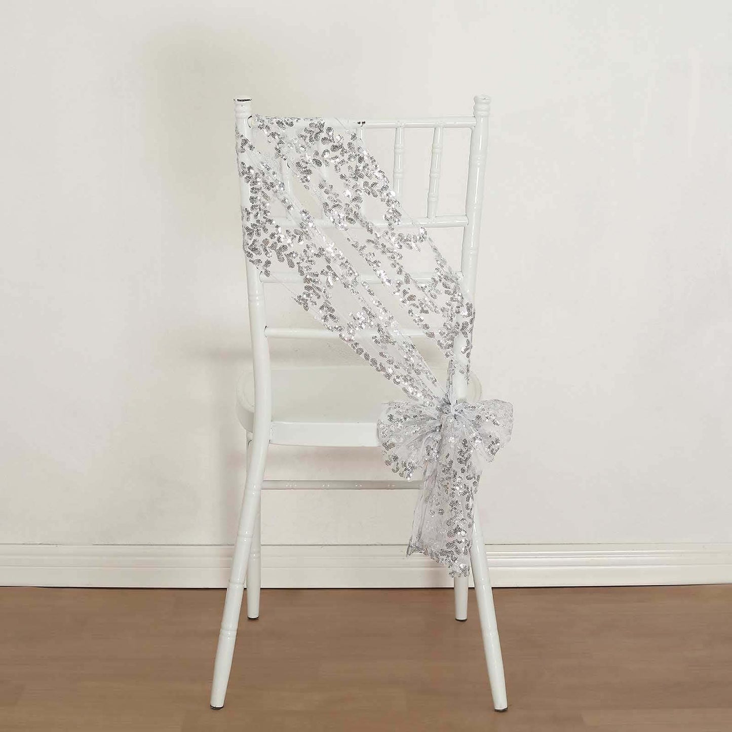 5 Pack Tulle Chair Sashes with Leaf Vine Embroidered Sequins Silver 6"x88"