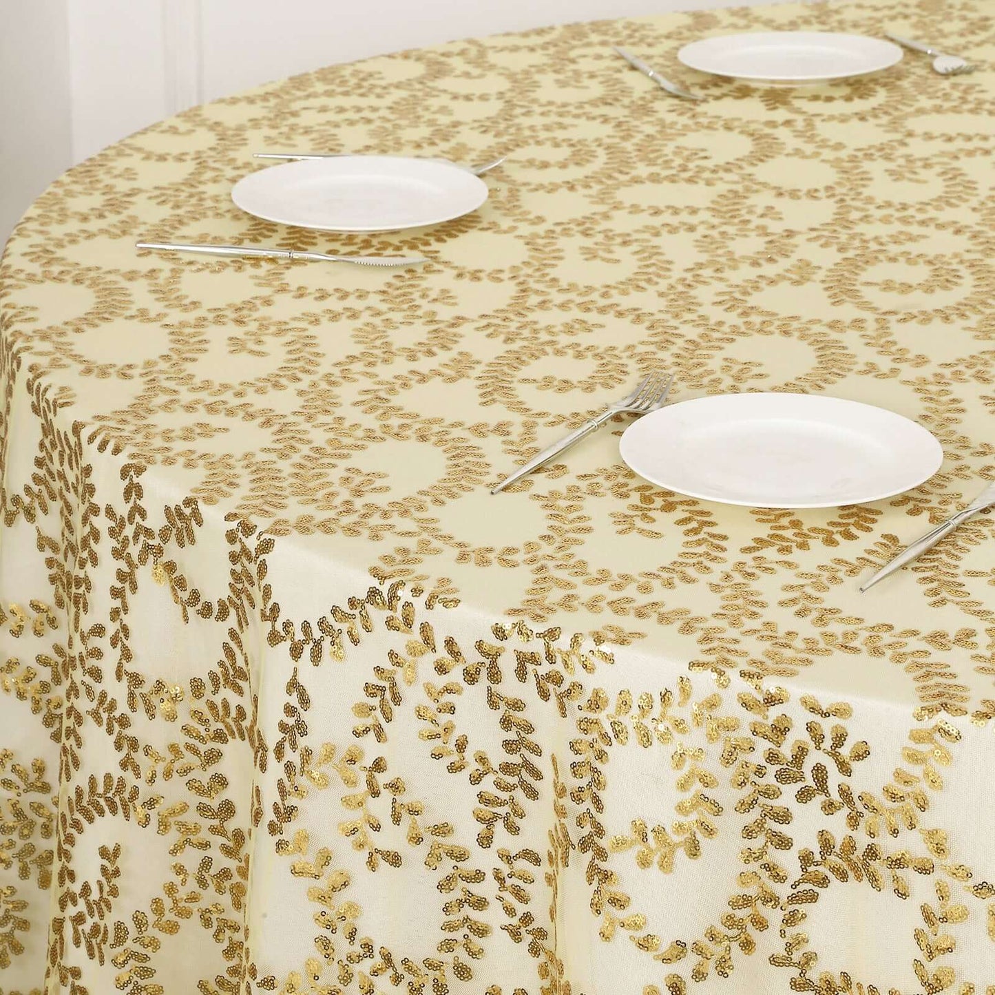 Tulle 120" Round Tablecloth Gold - Seamless Sequin Leaf Embroidered Design for Sophisticated Occasions