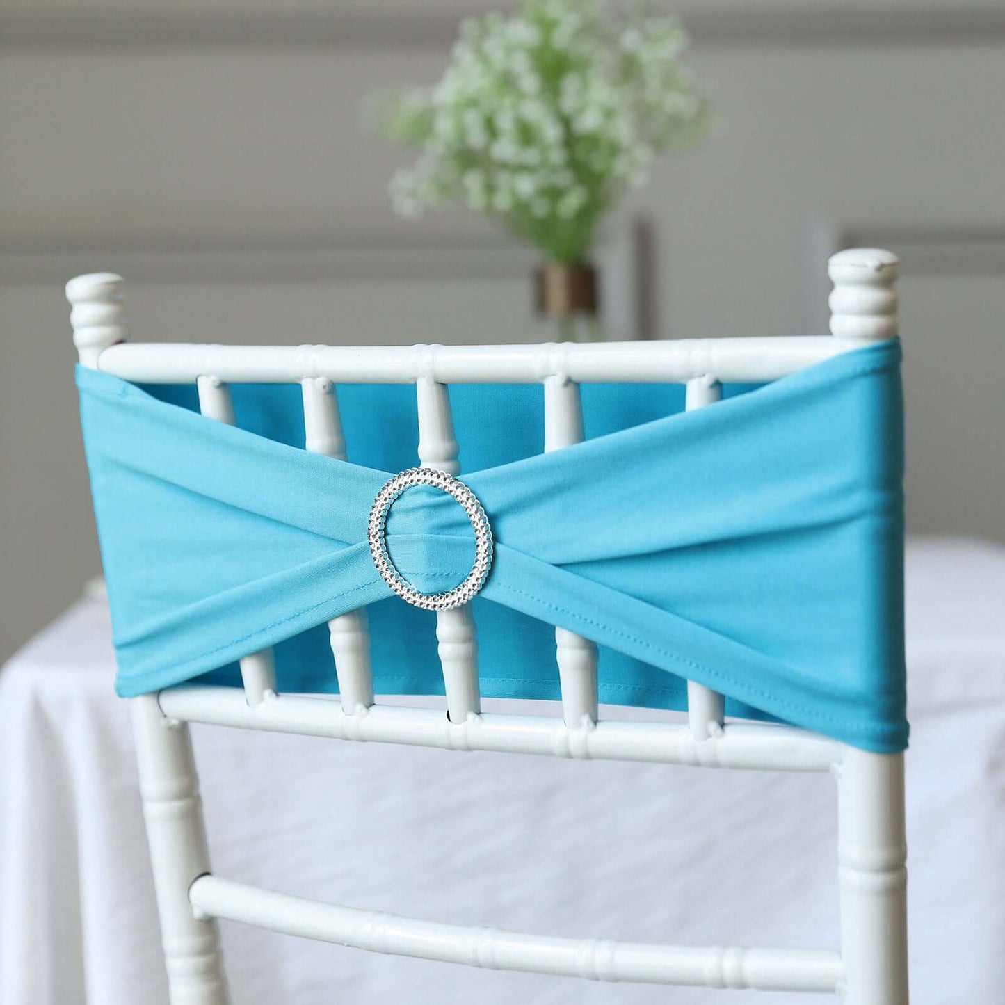 5 Pack Stretch Spandex Chair Sashes Turquoise - Reusable Chair Bands with Silver Diamond Ring Slide Buckle 5"x14"