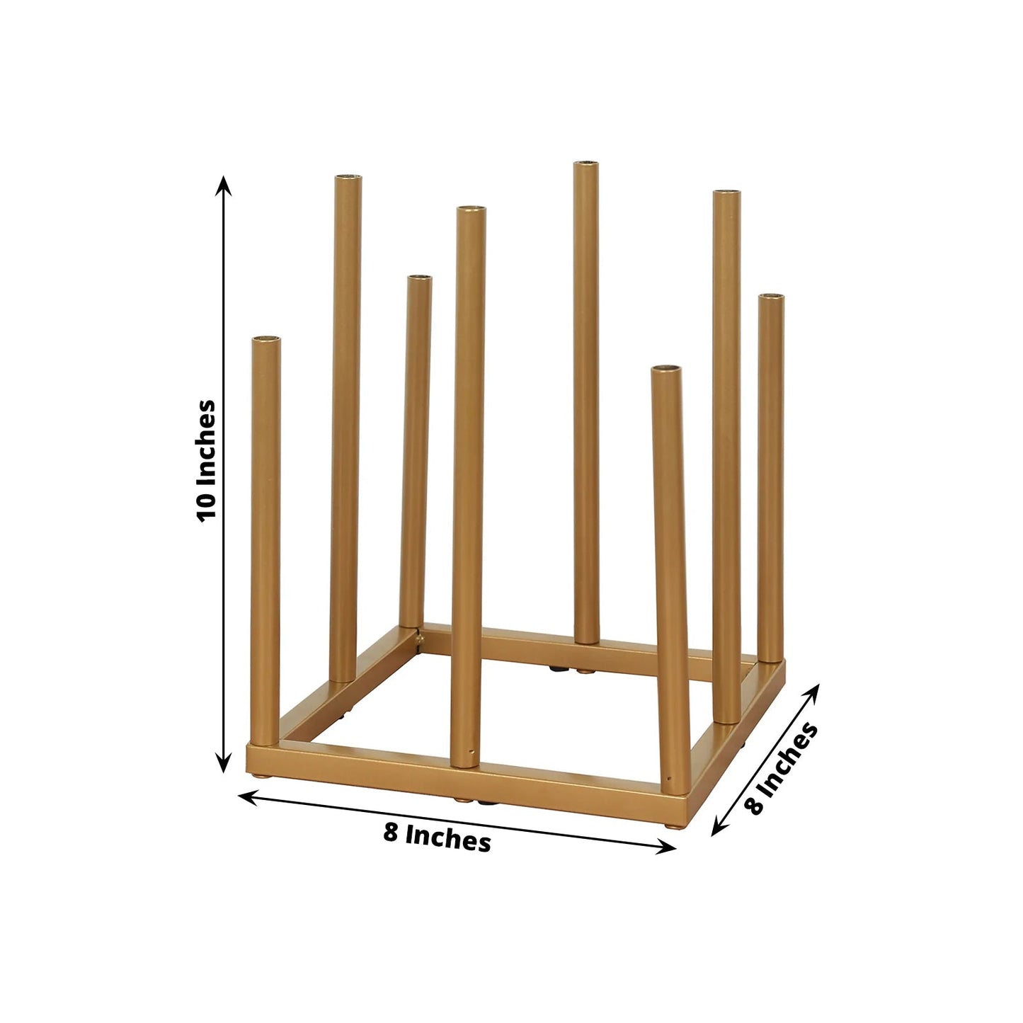 Flower Vase Gold Metal Minimalist 8-Tubes Square Base Design - Single Stem Bud Centerpiece for Arrangements 10"
