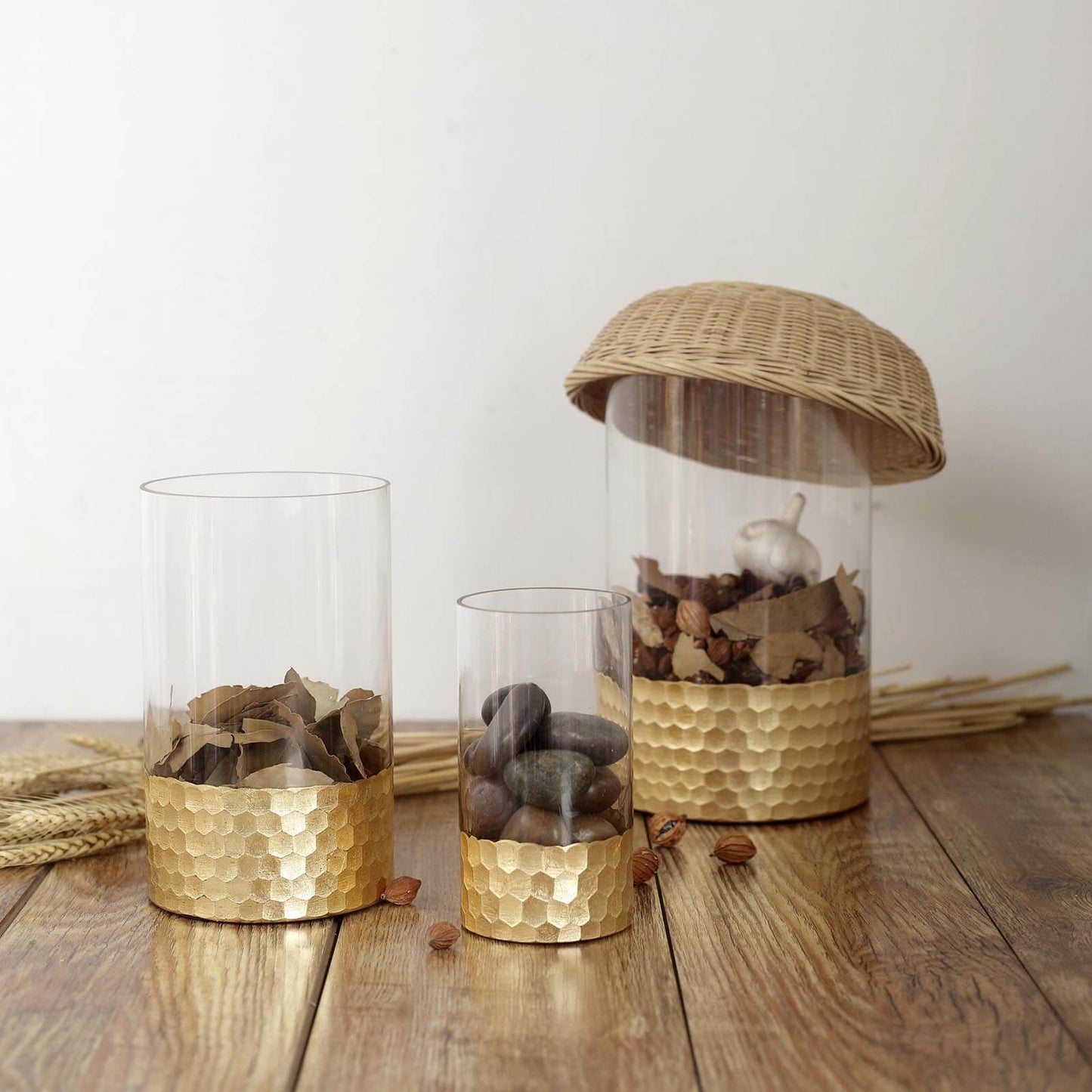 Set of 3 Glass Cylinder Vases Honeycomb Design Clear with Gold Base - Decorative Candle Holder Centerpieces 6", 8", 10"