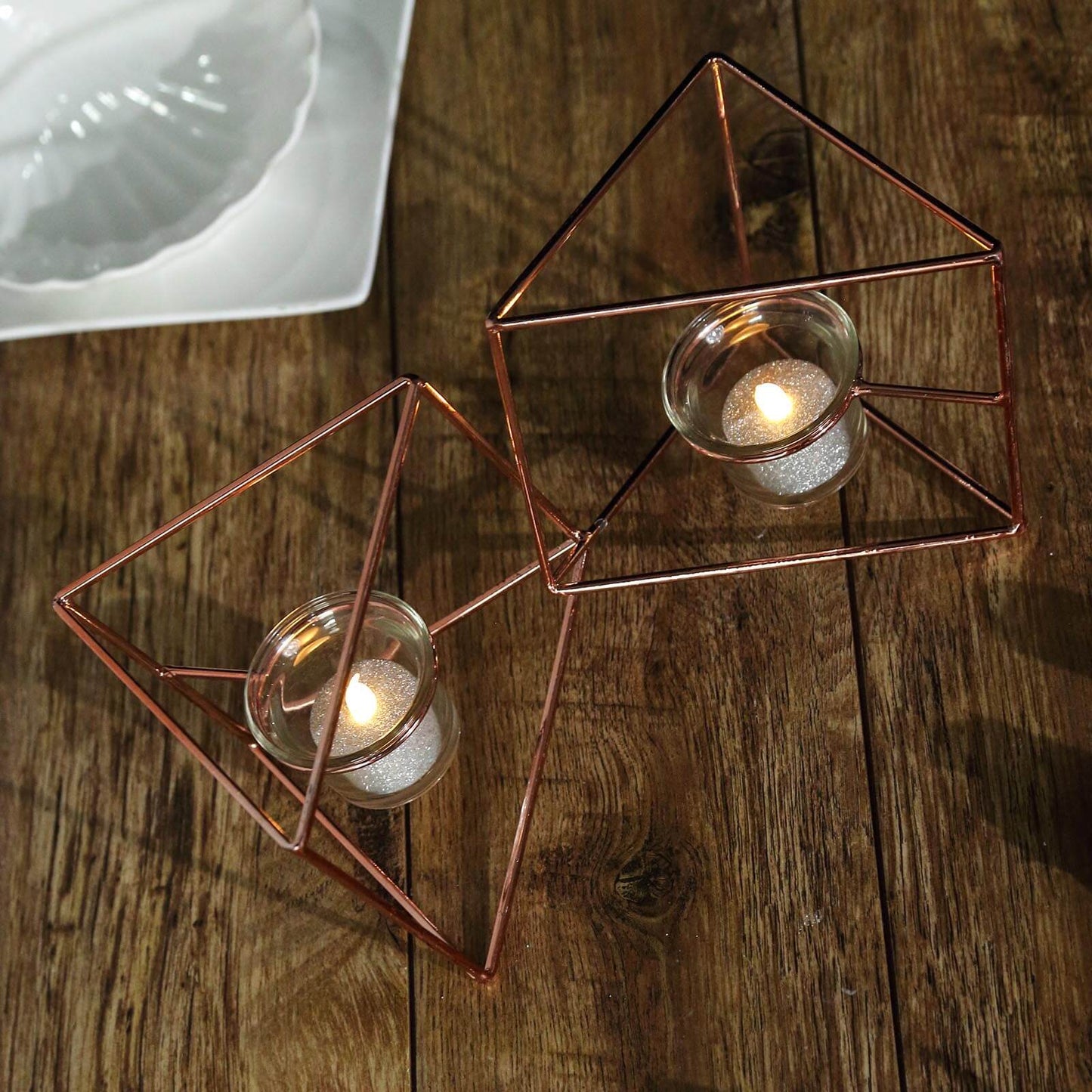 Set of Metal Candle Holders Linked Geometric Design Rose Gold - Chic Votive Glass Decor for Events & Gatherings 9"