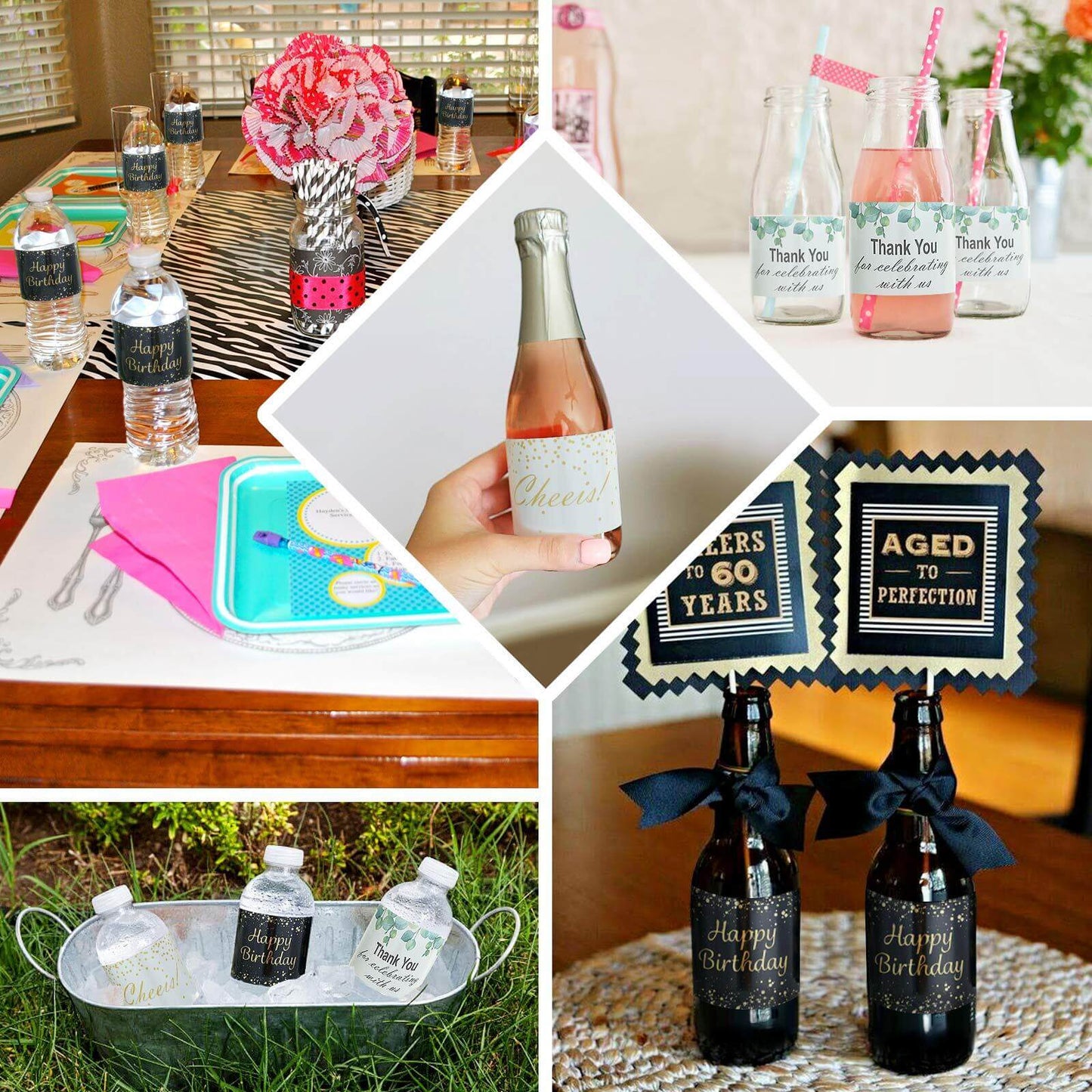 24 Pack White/Green Water Bottle Labels with Leaves Design "Thank You" Party Waterproof Bottle Stickers