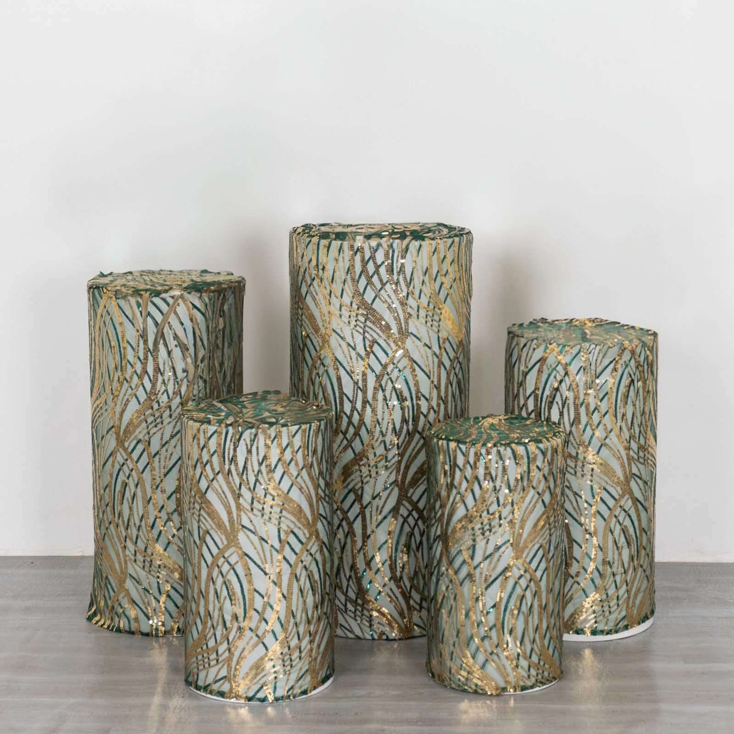 Set of 5 Hunter Green Wave Mesh Cylinder Pedestal Stand Covers with Embroidered Sequins, Emerald Pillar Prop Covers - 160 GSM