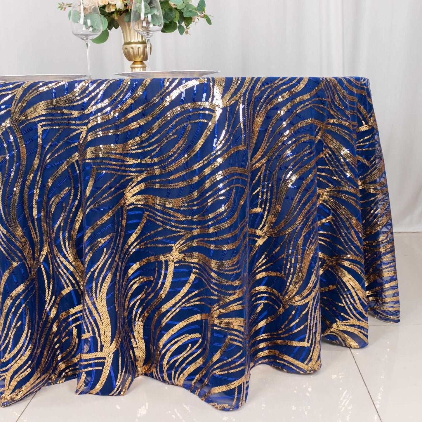 Sequin Mesh 120" Round Tablecloth Royal Blue/Gold - Seamless Wave Embroidered Table Cover