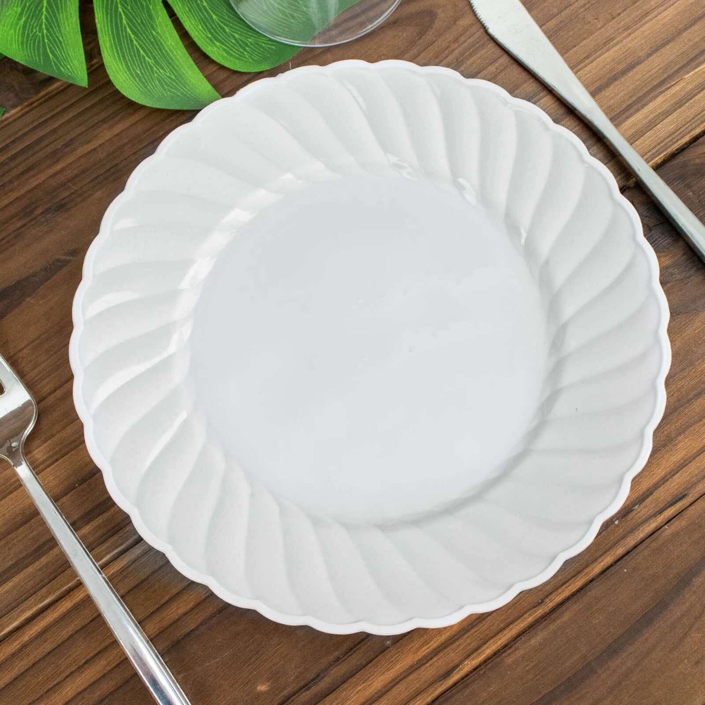 12-Pack Plastic Dessert Plates White Flair Rim - Sturdy Disposable Salad Plates 7.5"