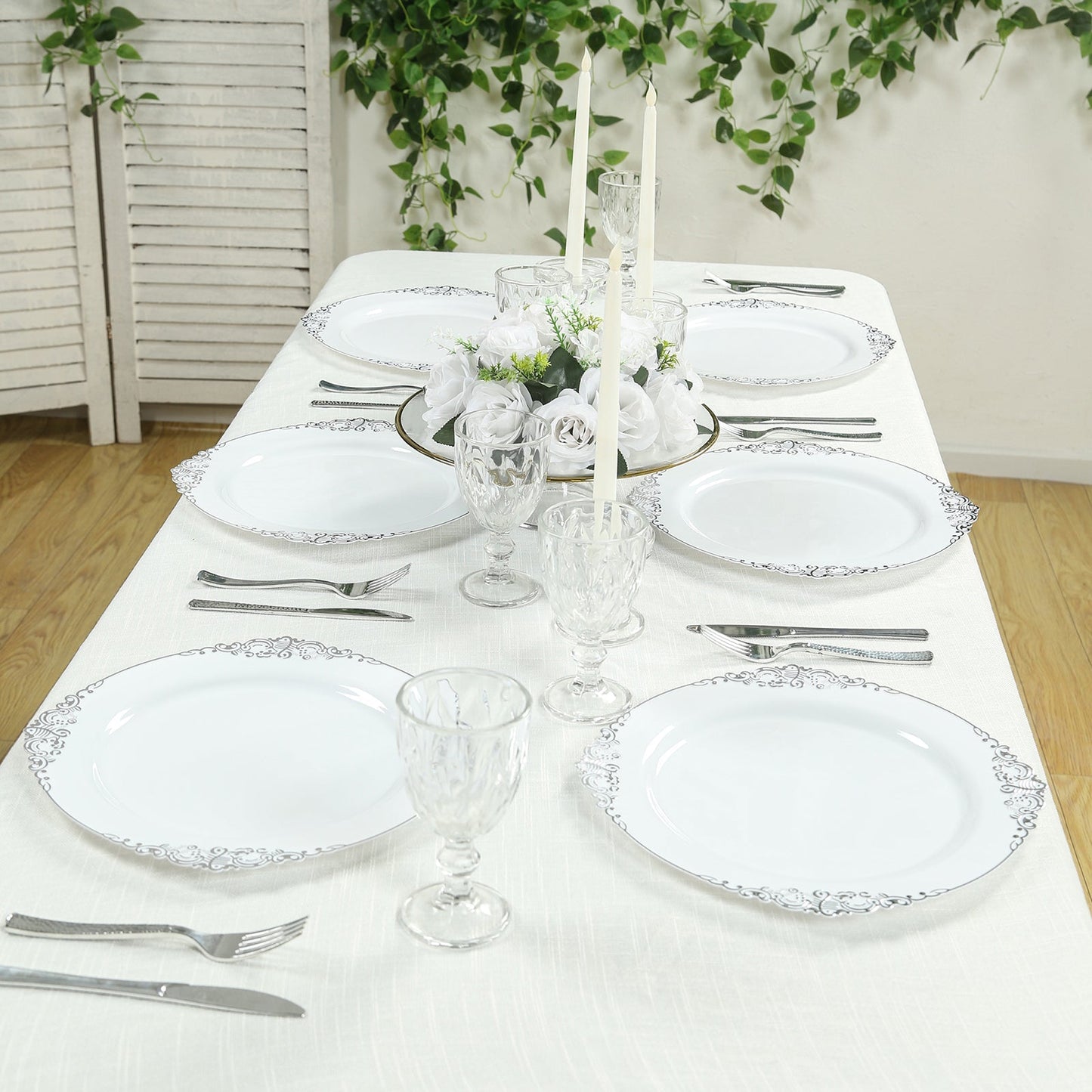 20-Pack Economy Plastic Round Charger Plates 13" in White with Silver Embossed Baroque Rim, Stylish Dinner Party Serving Plates