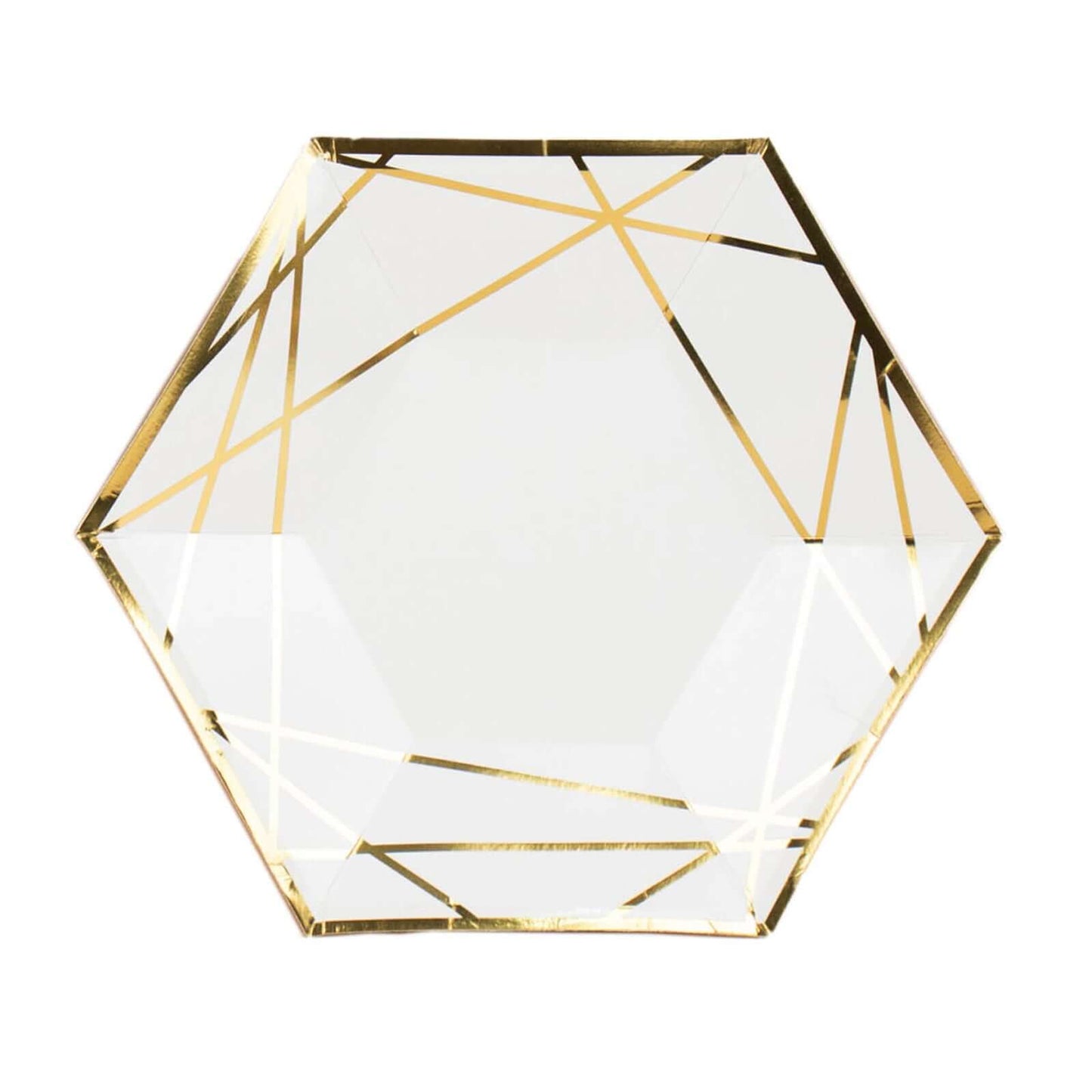 25-Pack Paper 9" Hexagon Dinner Plates in White with Gold Geometric Lines & Rim