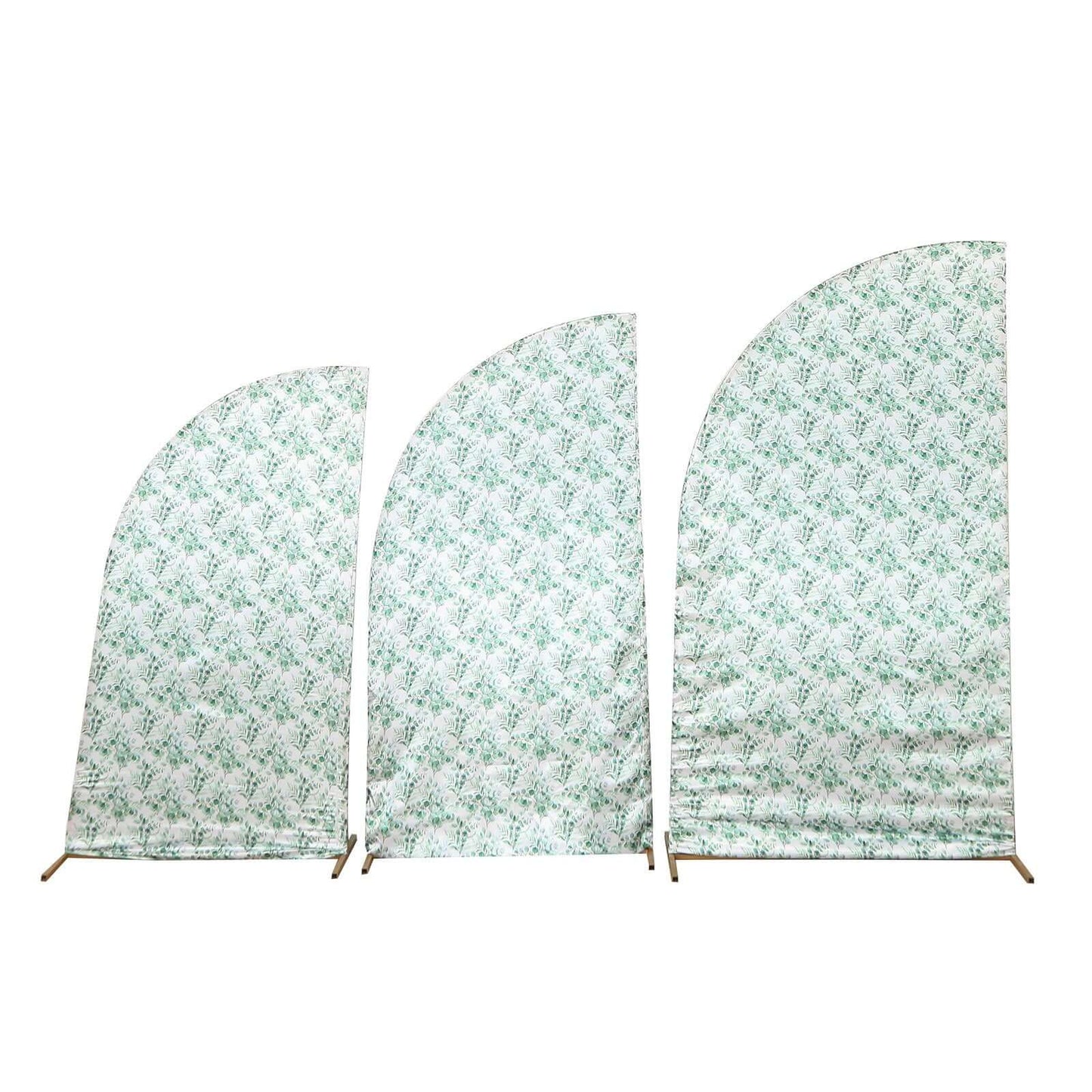 Set of 3 White Green Satin Chiara Wedding Arch Covers With Eucalyptus Leaves Print, Fitted Covers For Half Moon Backdrop Stands - 5ft, 6ft, 7ft