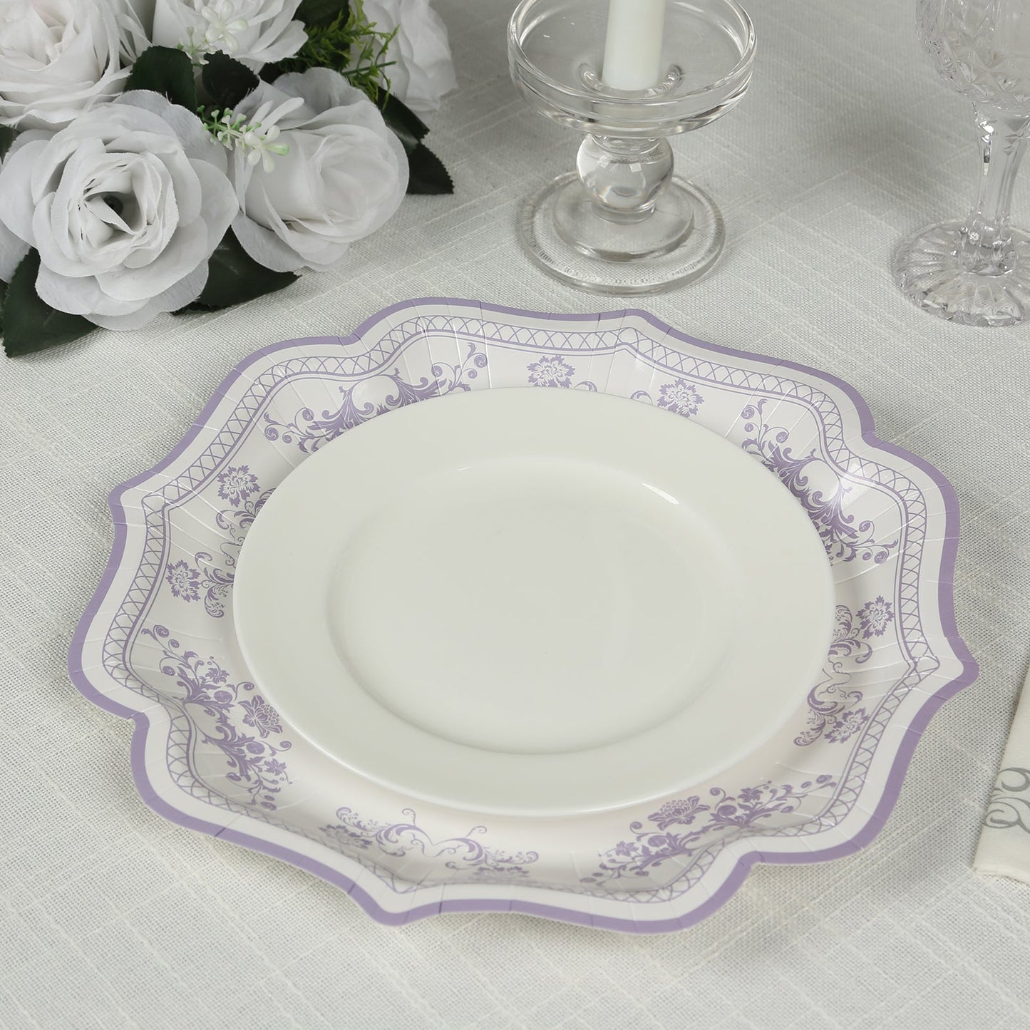 25-Pack Paper Dinner Plates in White Lavender Lilac Damask Floral Print & Scallop Rim - Stylish Disposable 300GSM Floral Party Plates 10"