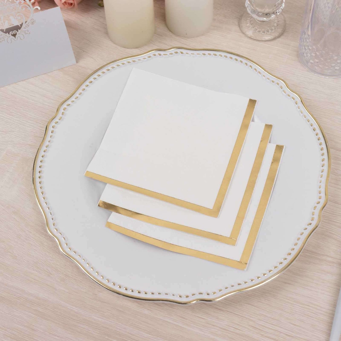 50-Pack Paper Beverage Napkins White with Gold Foil Edge - 2 Ply Disposable Soft 18GSM Cocktail Napkins for Events 5"x5"