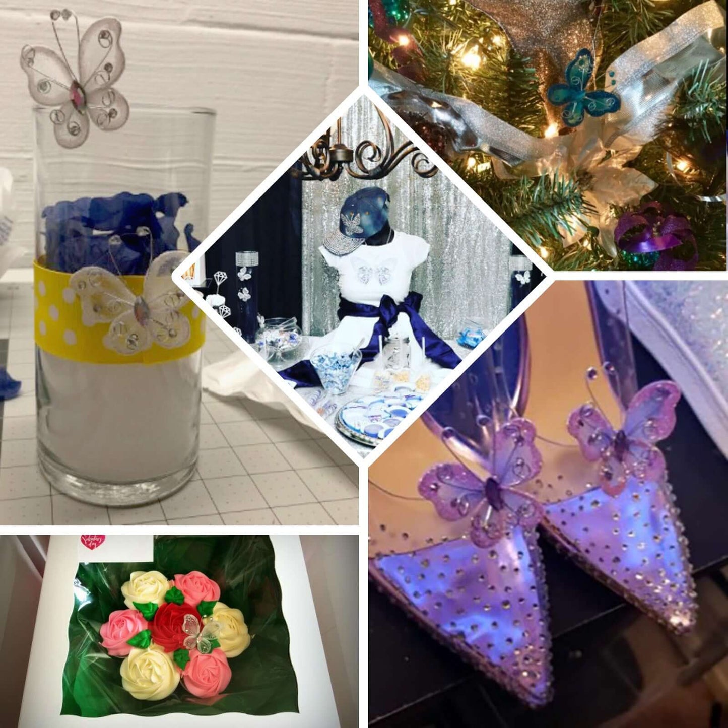 12 Pack 2" White Diamond Studded Wired Organza Butterflies