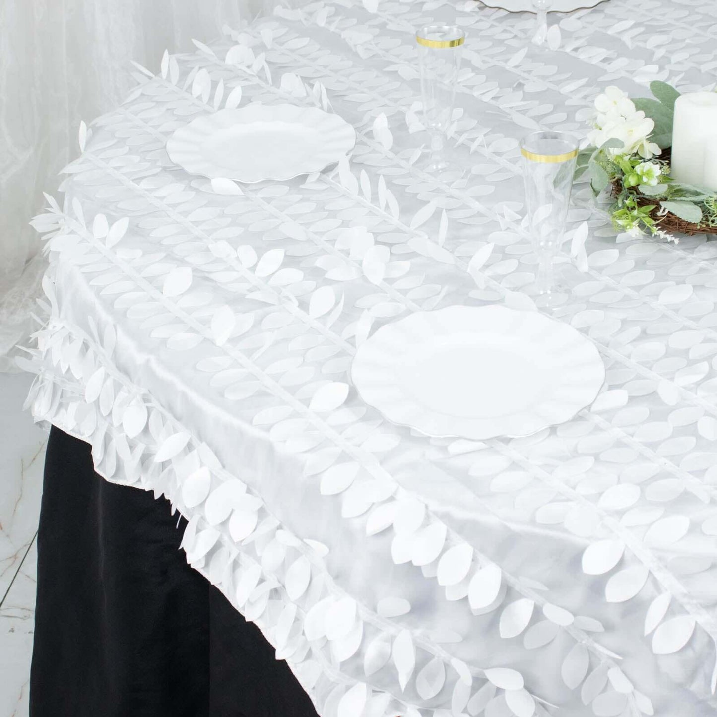 Taffeta 72"x72" Table Overlay Square Tablecloth White 3D Leaf Petal Design for Stylish Celebrations
