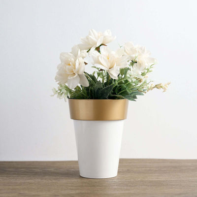 2-Pack Flower Plant Pots Medium Design White with Gold Rim - Plastic Indoor Decorative Planters 6"