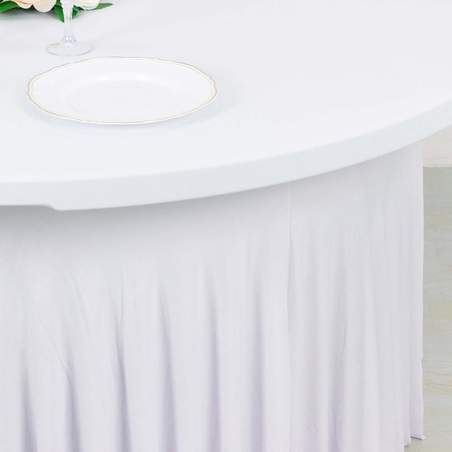Spandex Round 5ft Table Skirt White with Wavy Skirt-Like Effect Stylish Table Cover for Weddings, Banquets & Trade Shows