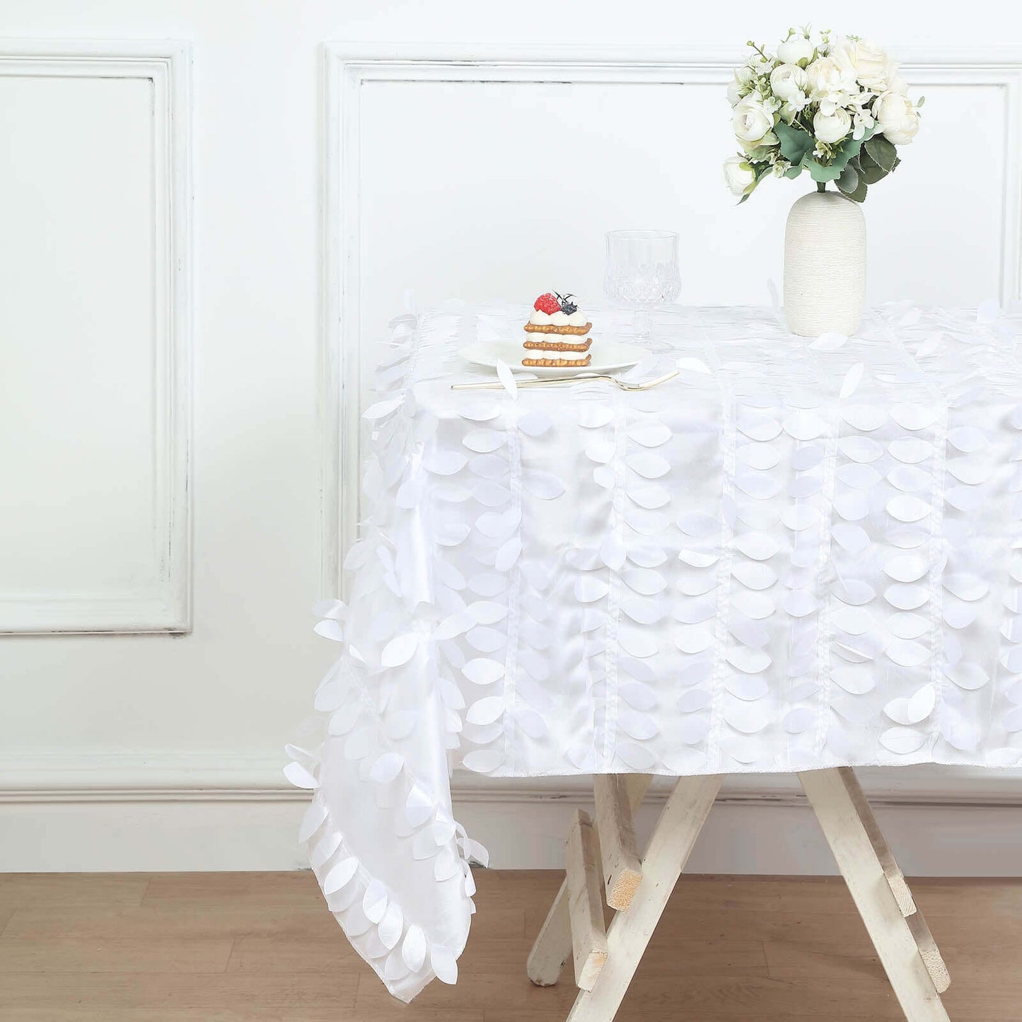 Taffeta 54"x54" Table Overlay Square Tablecloth White | Exquisite 3D Leaf Petal Design for Chic Wedding & Event Decor
