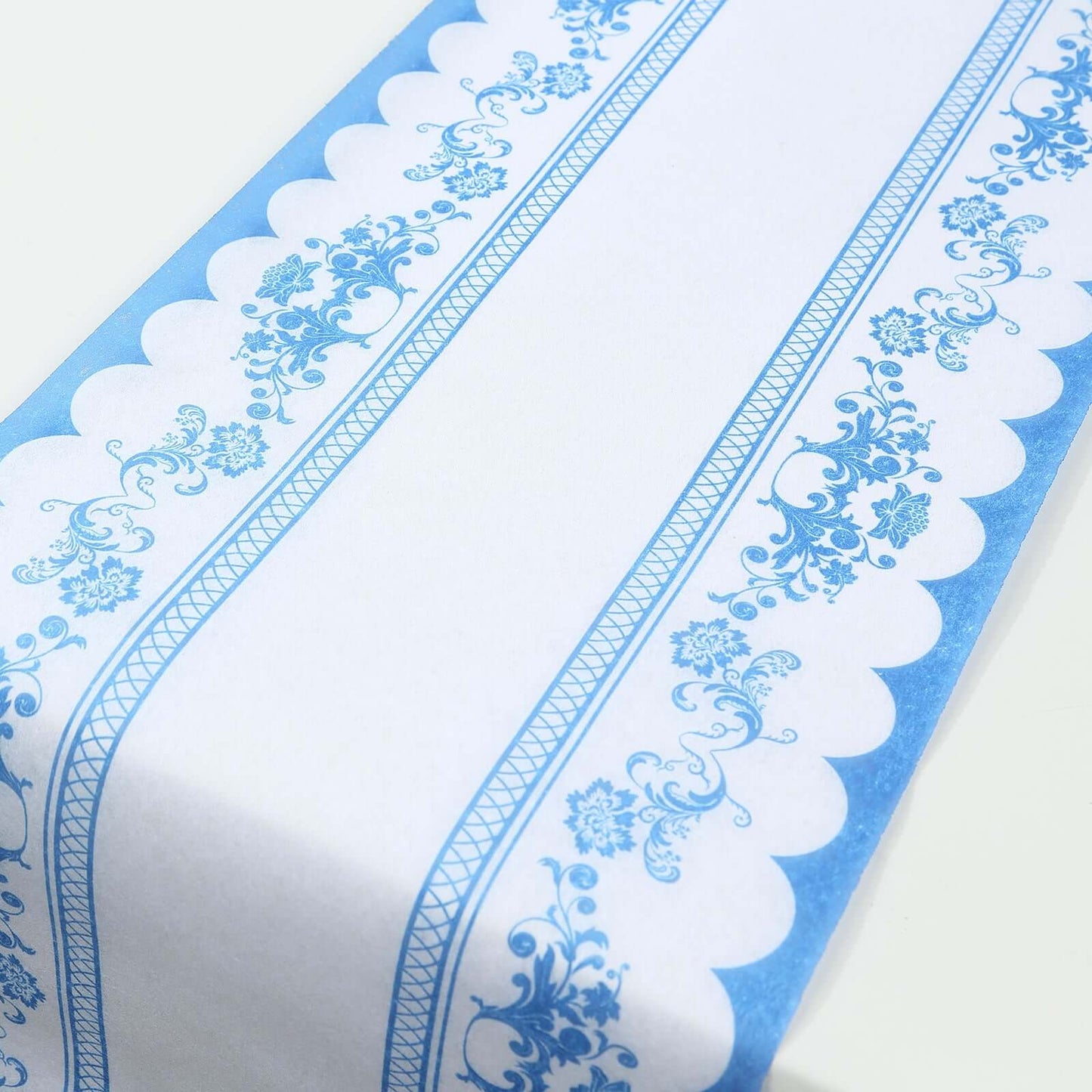 5 Pack Disposable Table Runners 11"x108" White with Blue Ornate Floral Prints - Non-woven Stylish Kitchen Dining Table Decor
