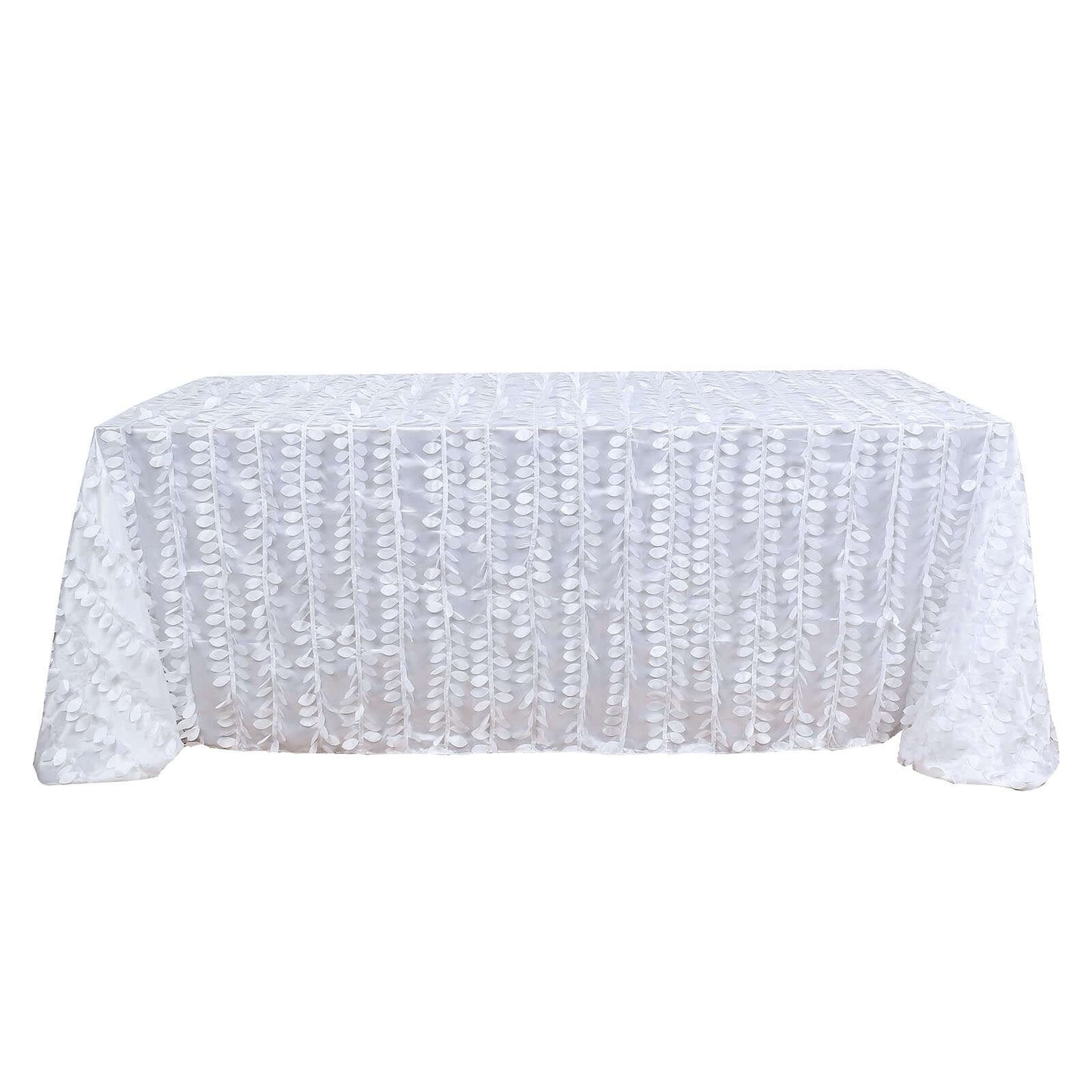Taffeta 90"x132" Rectangle Tablecloth White | 3D Leaf Petal Design Seamless Table Cover for Stylish Wedding & Event Decor