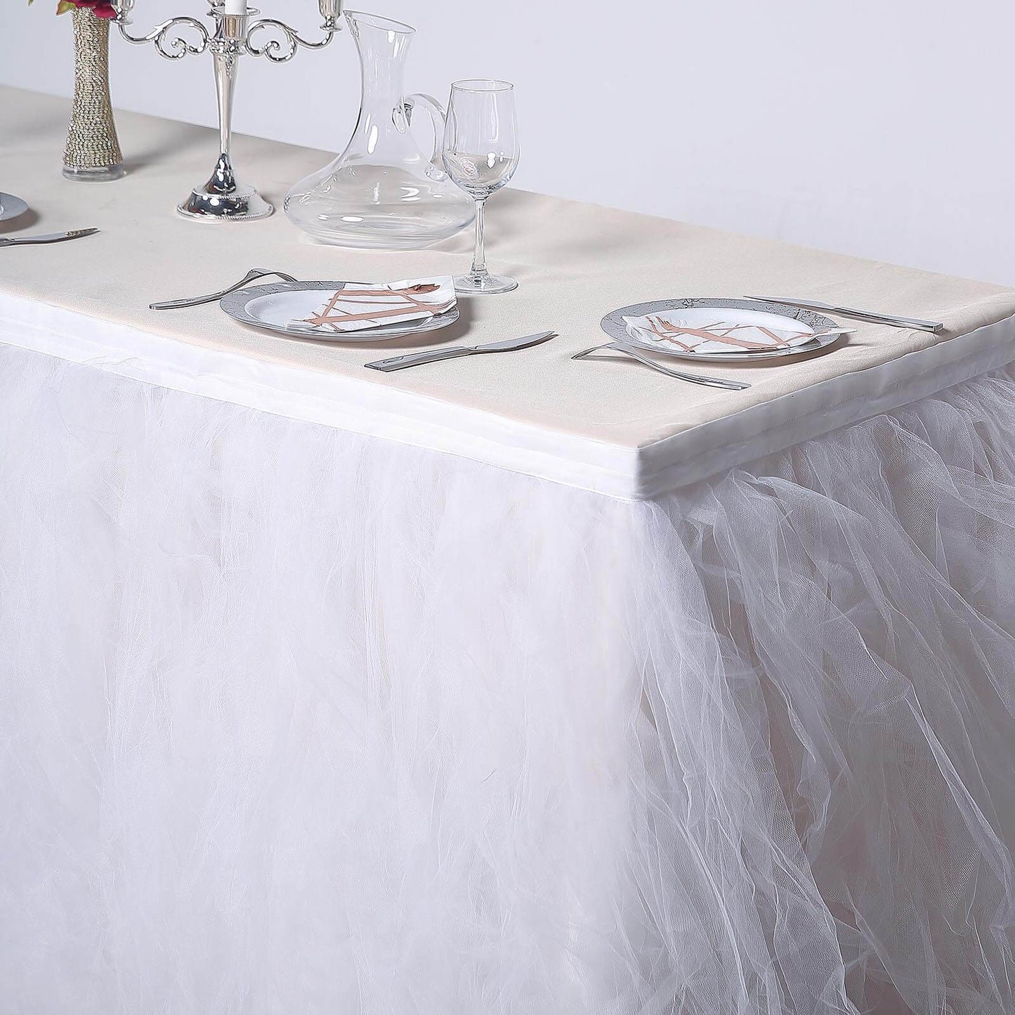 Tulle 21ft Table Skirt White - 4 Layer Pleated Tutu Chic & Soft Event Table Cover