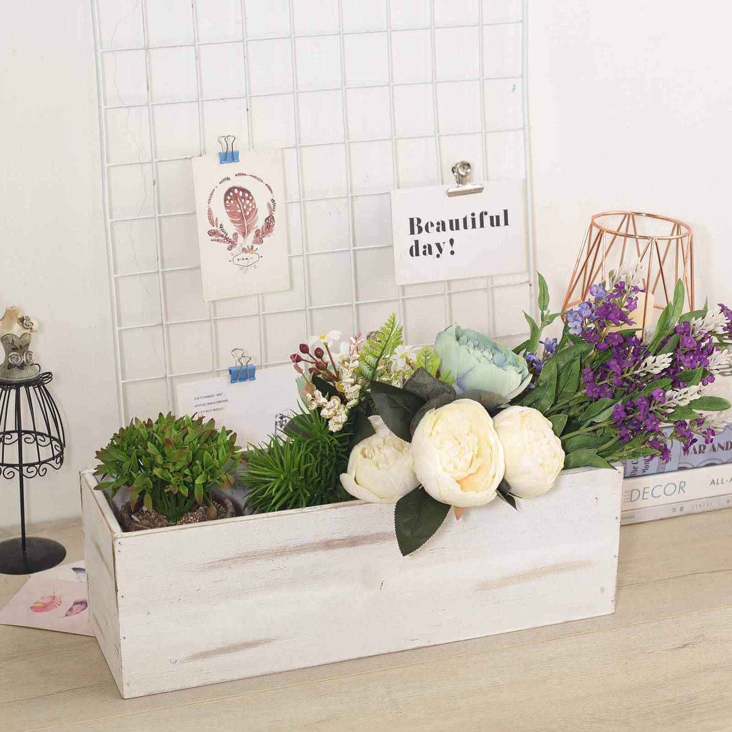 Whitewash Wood Planter Rectangular Box 18"x6"- Durable Decor with Removable Plastic Liner for Table Displays