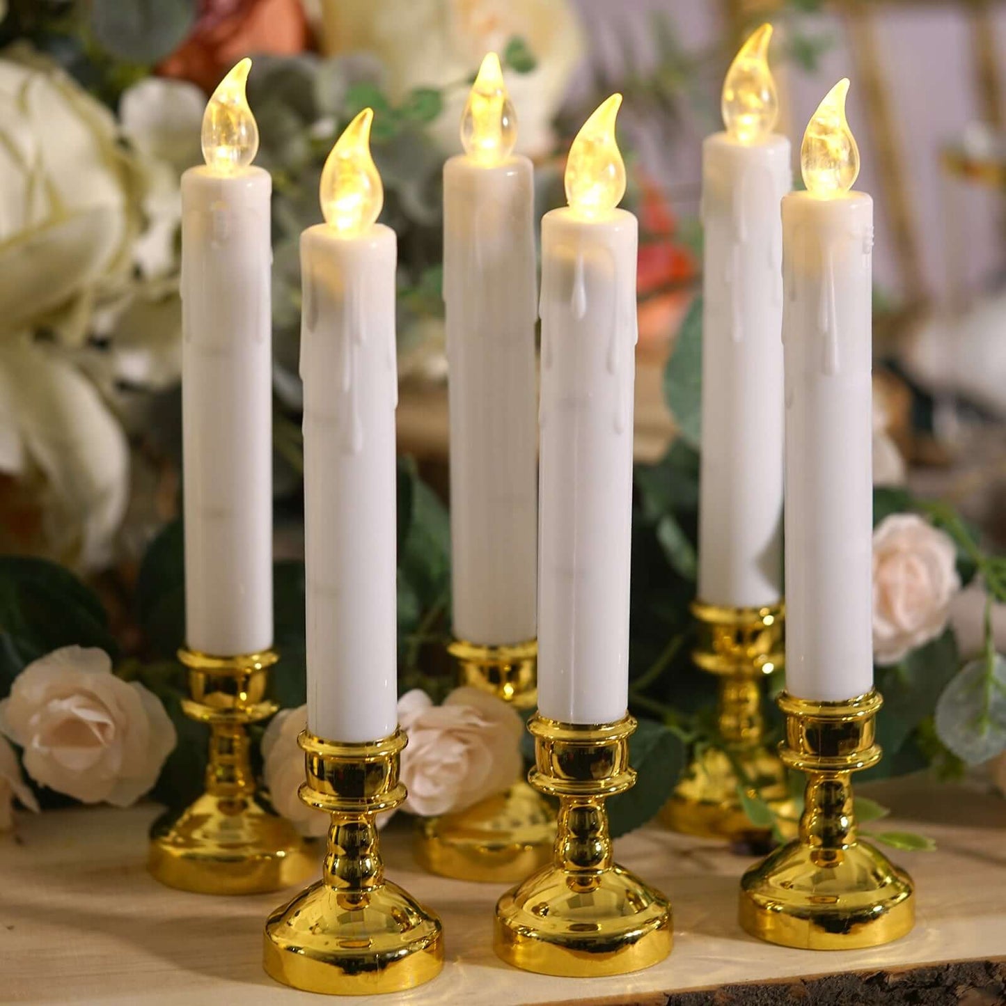 Set of 6 LED Window Candles Flickering White - Battery Operated Taper Candles with Gold Holders 10"