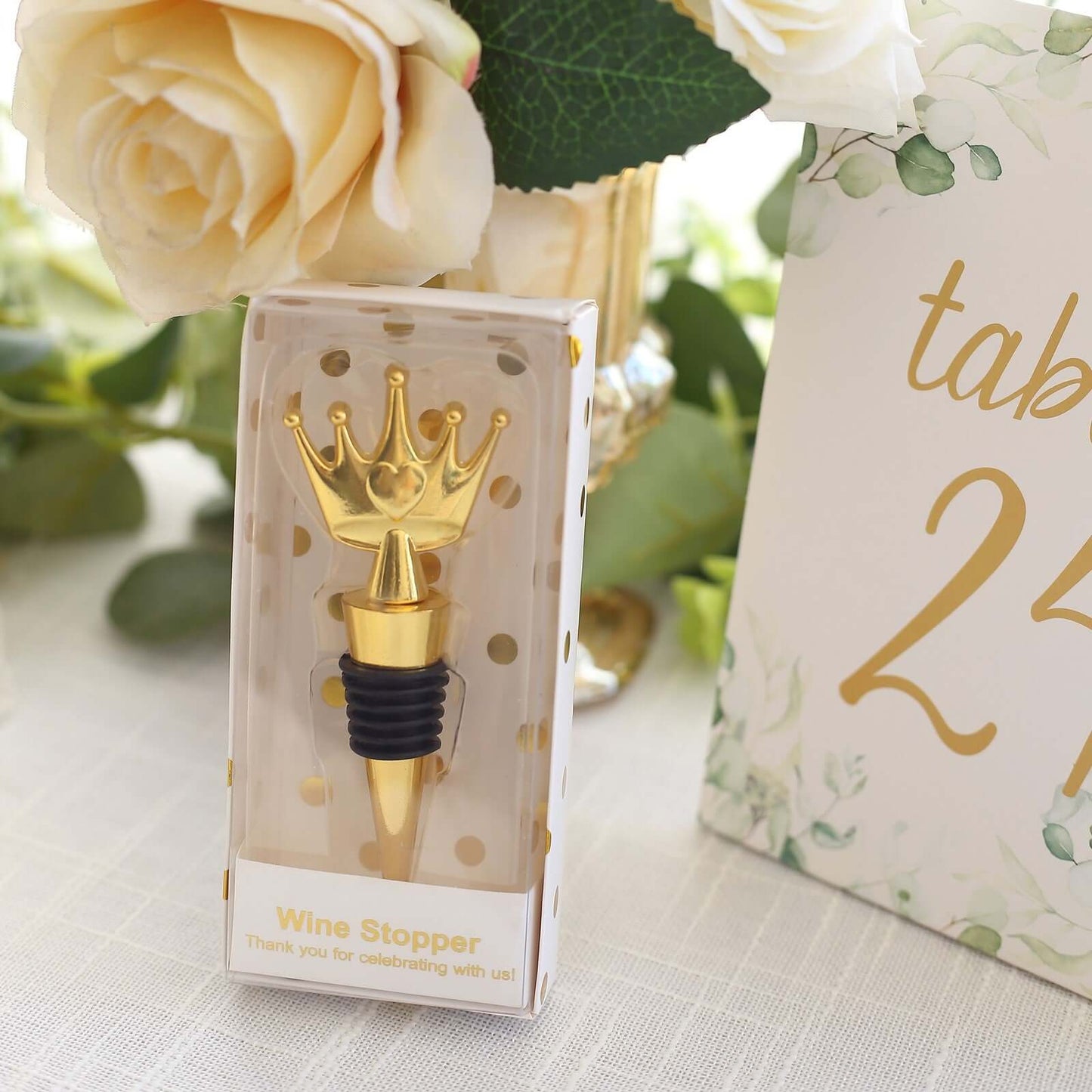 4" Gold Metal Princess Crown Wine Bottle Stopper Party Favor with Clear Gift Box, Thank You Tag and Ribbon