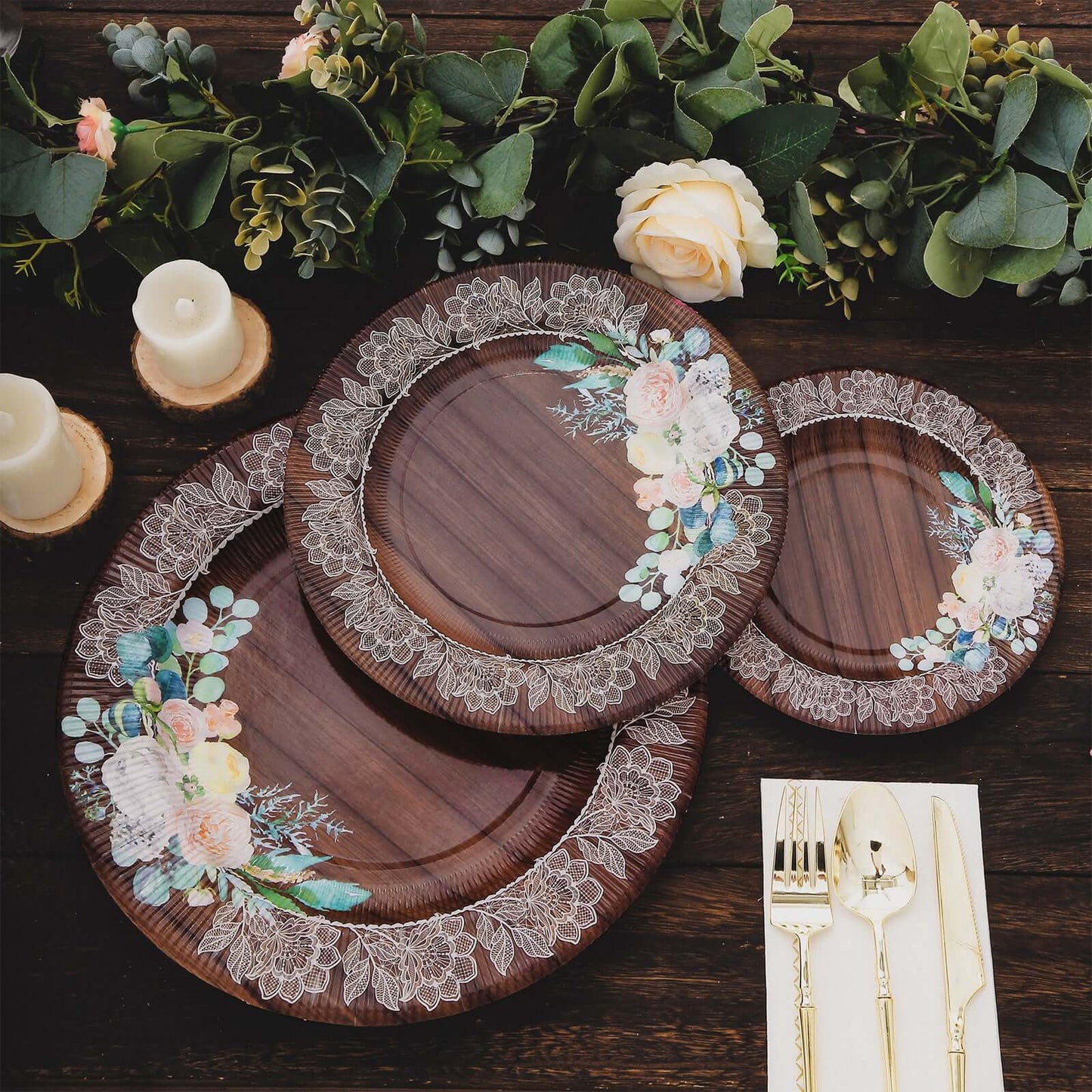 25-Pack Disposable Round Charger Plates in Brown Rustic Wood Print with Floral Lace Rim - Durable Paper Chargers for Rustic Themes & Outdoor Events 13"
