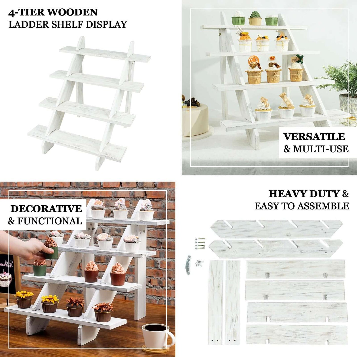 4-Tier Wooden Ladder Shelf Whitewashed Rustic Design - Cascading Stair Step Dessert Display Cupcake Holder 21"