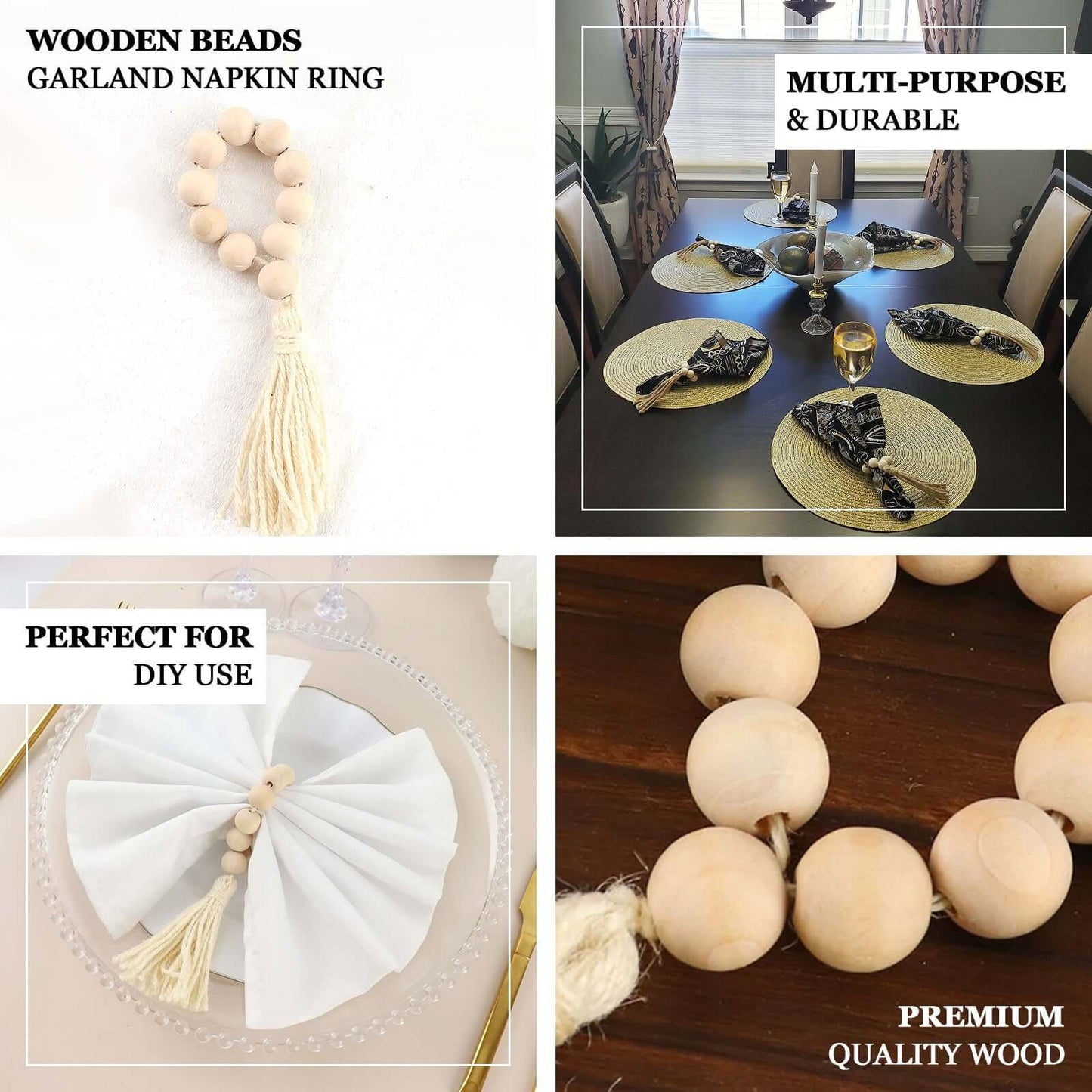 4 Pack 6" Cream Rustic Boho Chic Wood Bead Napkin Rings With Tassels, Farmhouse Country Napkin Holders