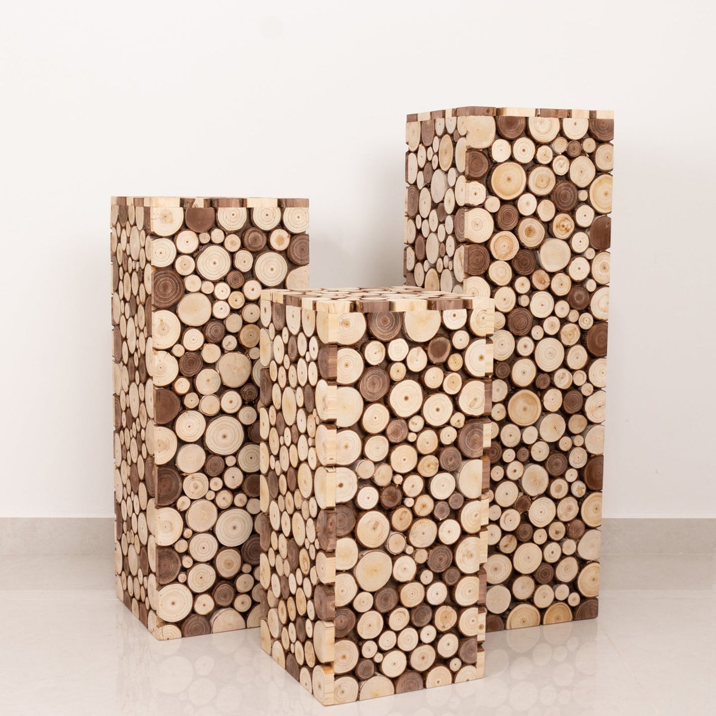 24" Natural Wooden Slices Pillar Prop Pedestal Stand, Rustic Farmhouse Wood Riser Rectangular Plant Stand