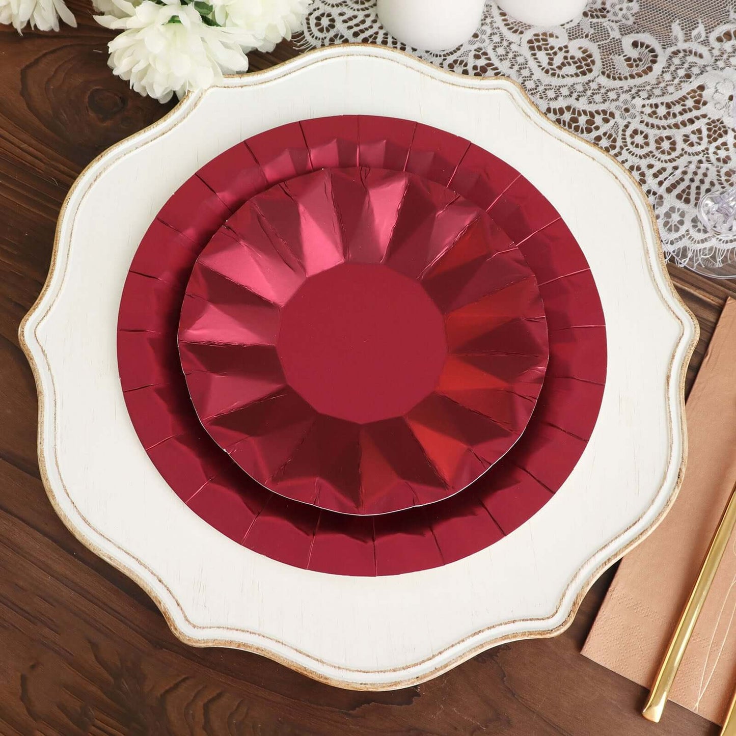 25-Pack Paper 7" Round Dessert Plates in Burgundy with Geometric Prism Rim - Disposable 400GSM Appetizer Salad Plates