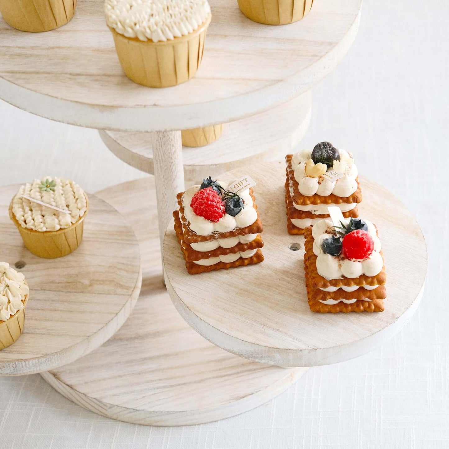 4-Tier Wooden Cake Stand Whitewash with Round Tiered Trays - Rustic Cupcake Tower Dessert Display 14" Tall