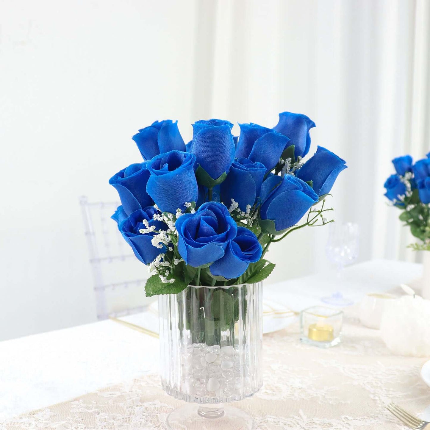 12 Bushes Royal Blue Artificial Premium Silk Flower Rose Bud Bouquets