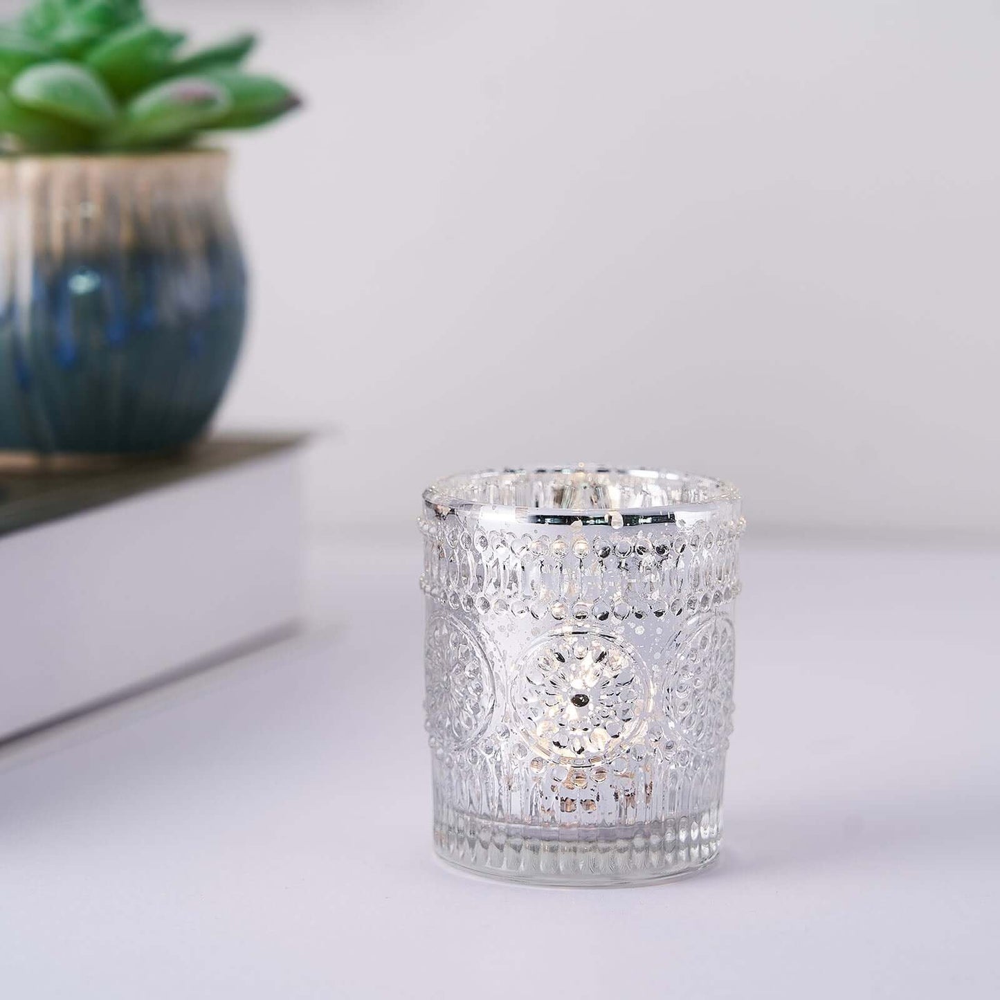 6-Pack Silver Glass Votive Tealight Holders - Stylish Primrose Design for Weddings & DÃ©cor