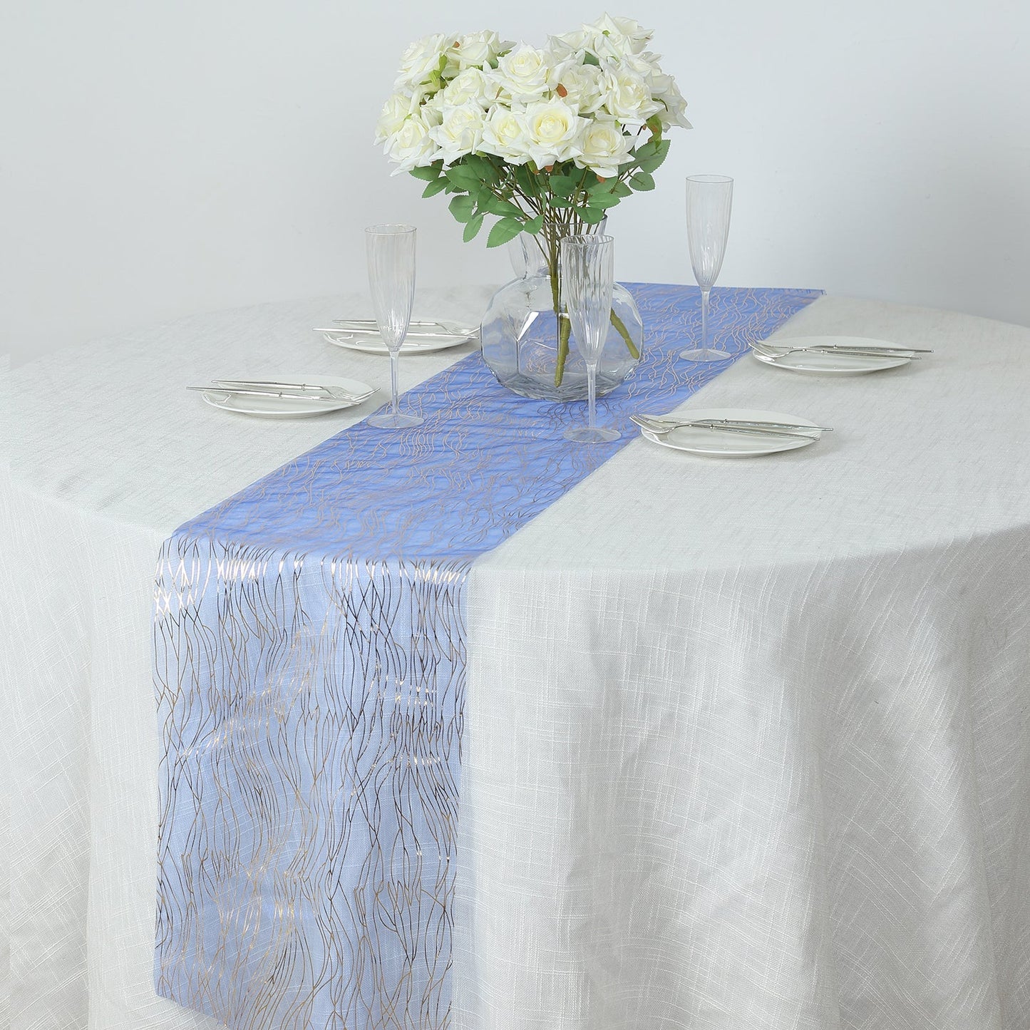 5 Pack Organza 12"x108" Table Runners Royal Blue - Gold Wave Design
